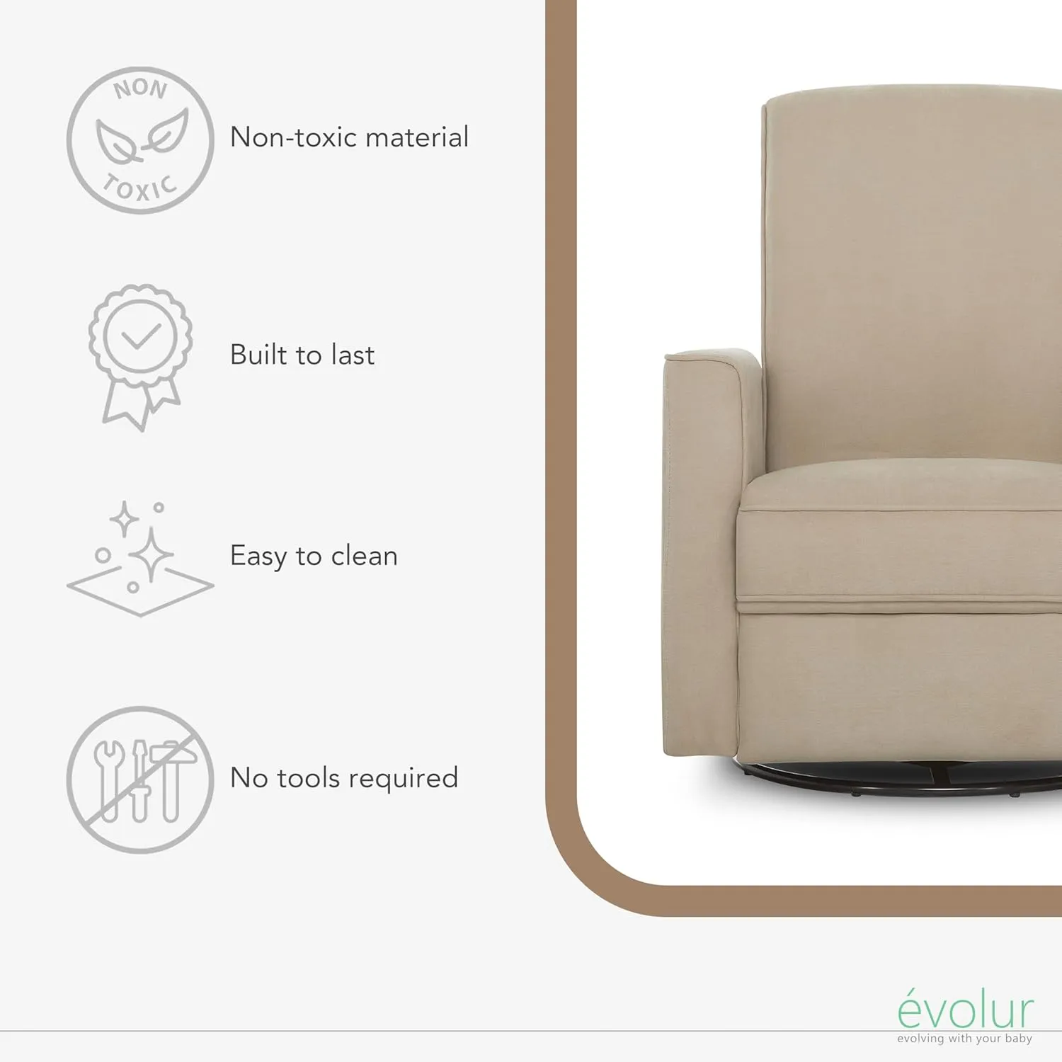 Evolur Harlow Deluxe Upholstered Plush Seating Glide Rocker, Swivel, Power Recliner with USB Port, Greenguard Gold Certified, Glider Chair for Nursery in Fawn