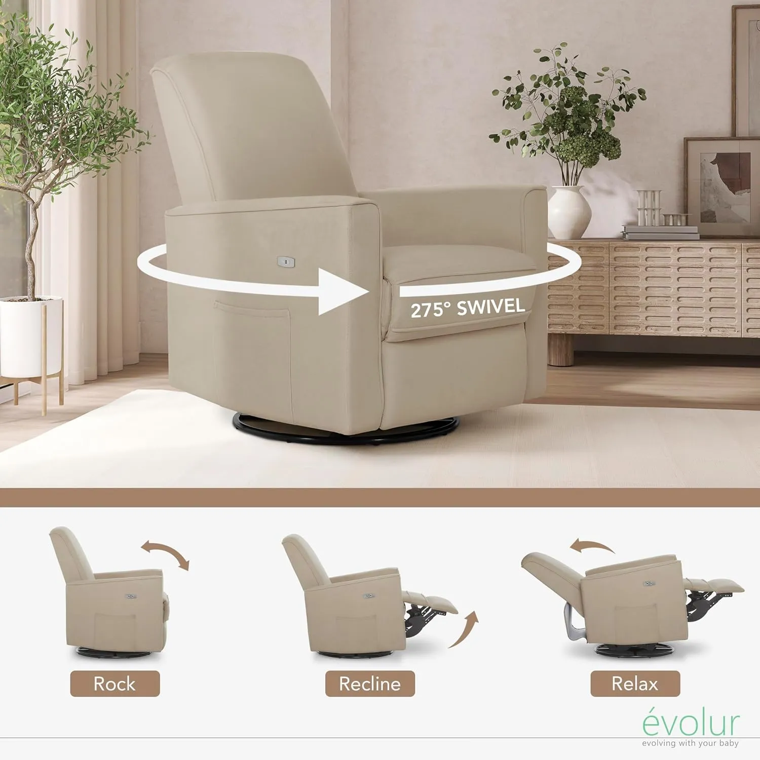 Evolur Harlow Deluxe Upholstered Plush Seating Glide Rocker, Swivel, Power Recliner with USB Port, Greenguard Gold Certified, Glider Chair for Nursery in Fawn