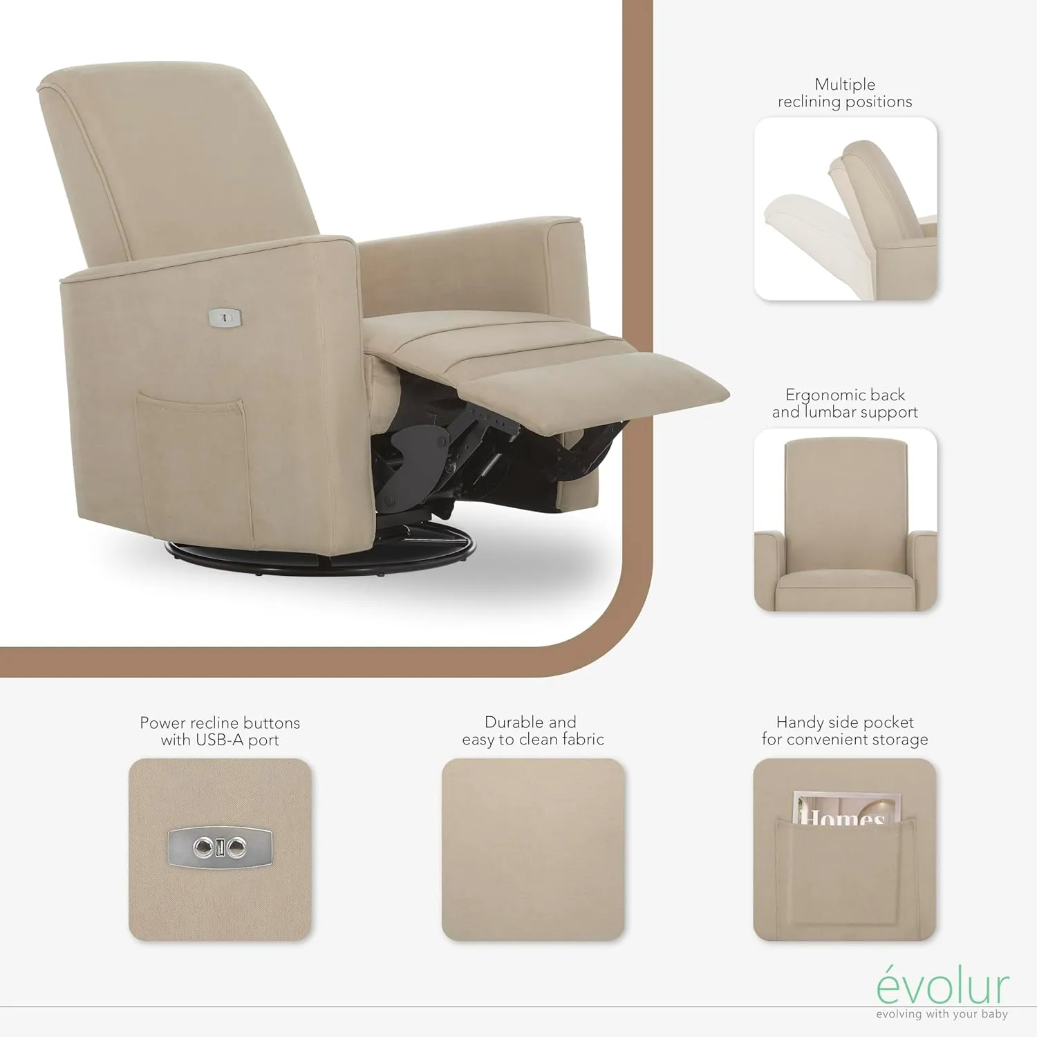 Evolur Harlow Deluxe Upholstered Plush Seating Glide Rocker, Swivel, Power Recliner with USB Port, Greenguard Gold Certified, Glider Chair for Nursery in Fawn