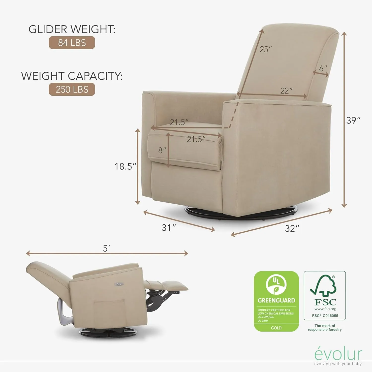 Evolur Harlow Deluxe Upholstered Plush Seating Glide Rocker, Swivel, Power Recliner with USB Port, Greenguard Gold Certified, Glider Chair for Nursery in Fawn