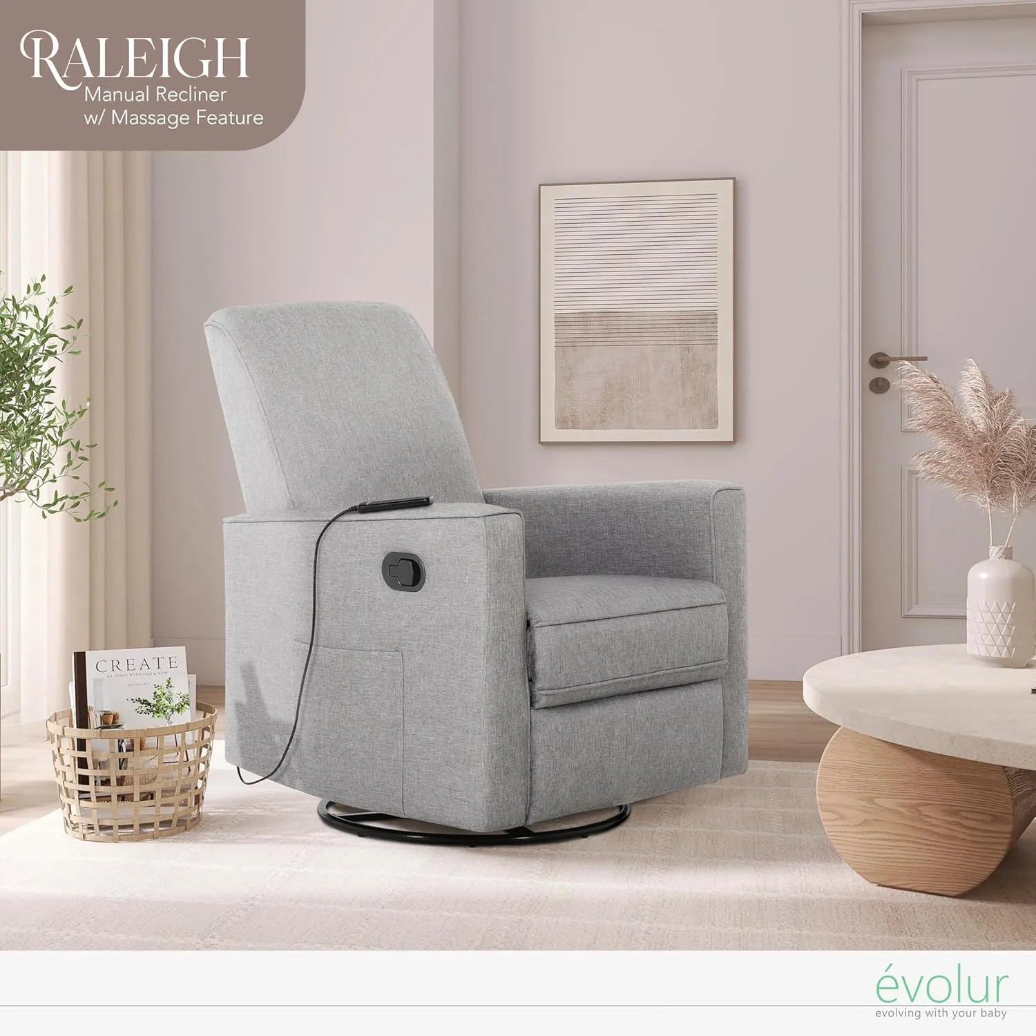 Evolur Raleigh Glider with Massager in Charcoal, Upholstered Plush Seating 360° Swivel Glider Rocking Chair, FSC Certified, Greenguard Gold & JPMA Certified Nursery Glider Recliner