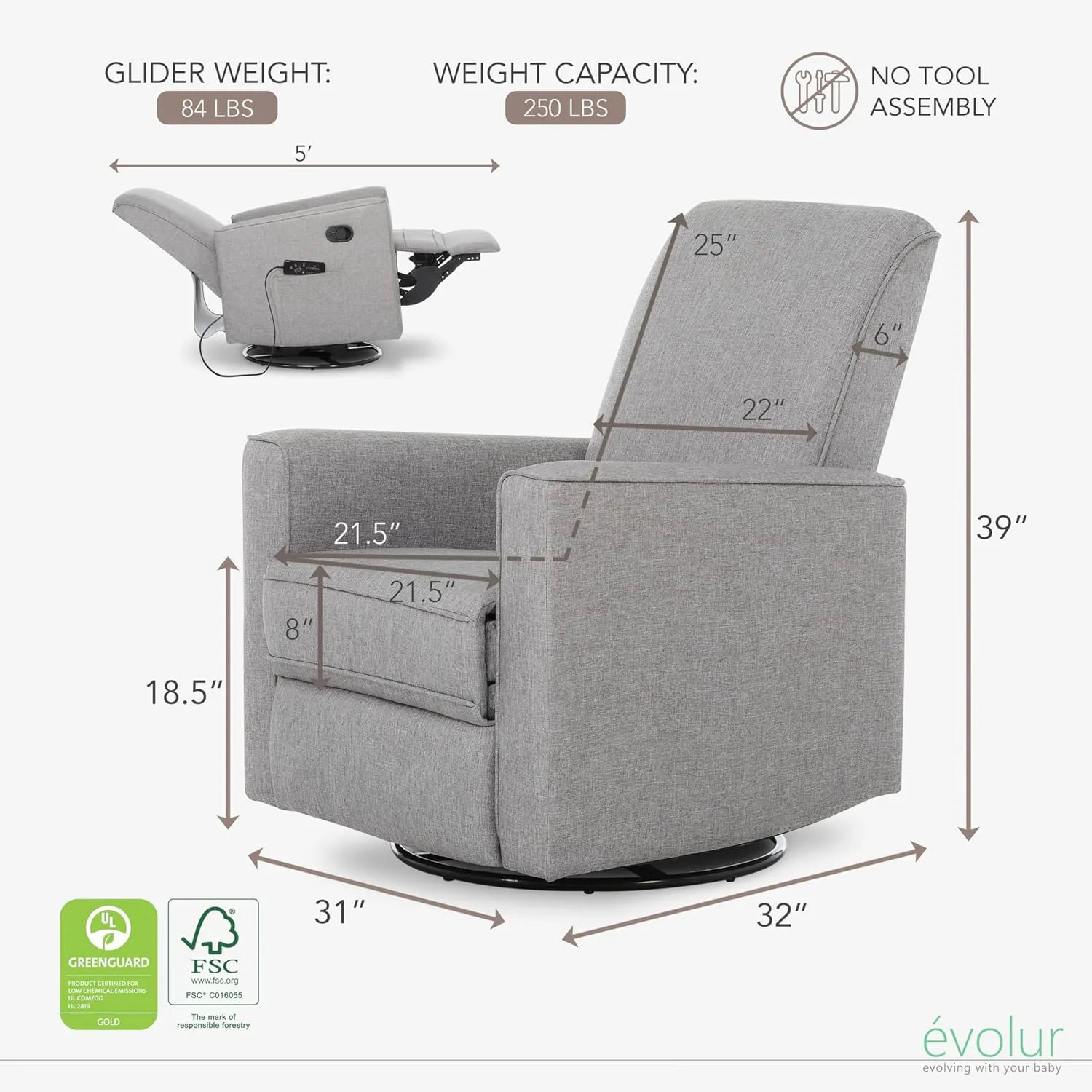 Evolur Raleigh Glider with Massager in Charcoal, Upholstered Plush Seating 360° Swivel Glider Rocking Chair, FSC Certified, Greenguard Gold & JPMA Certified Nursery Glider Recliner