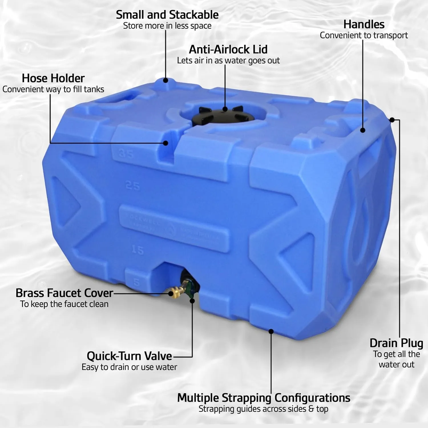 Exodus 35 Gallon Water Storage Tank by Rockwell Products | Emergency Water Storage Container | Stackable, BPA Free, Made in The USA