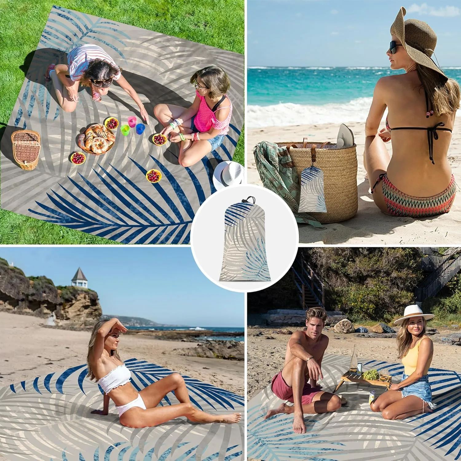 Extra Large Tropical Beach Blanket Waterproof Sandproof, Palm Leaf Design Beach Mat for 4 Adults w/Stakes & Sand Pockets, Lightweight Outdoor Blanket for Camping, Hiking Vacation Essentials