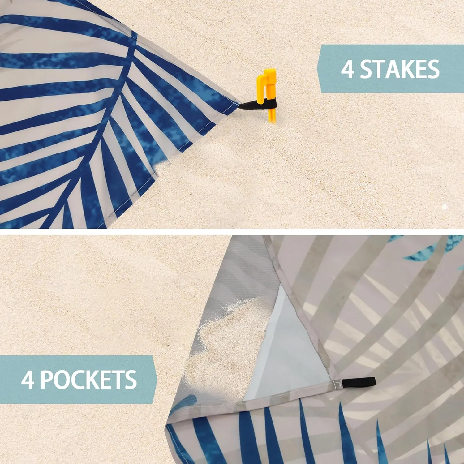 Extra Large Tropical Beach Blanket Waterproof Sandproof, Palm Leaf Design Beach Mat for 4 Adults w/Stakes & Sand Pockets, Lightweight Outdoor Blanket for Camping, Hiking Vacation Essentials
