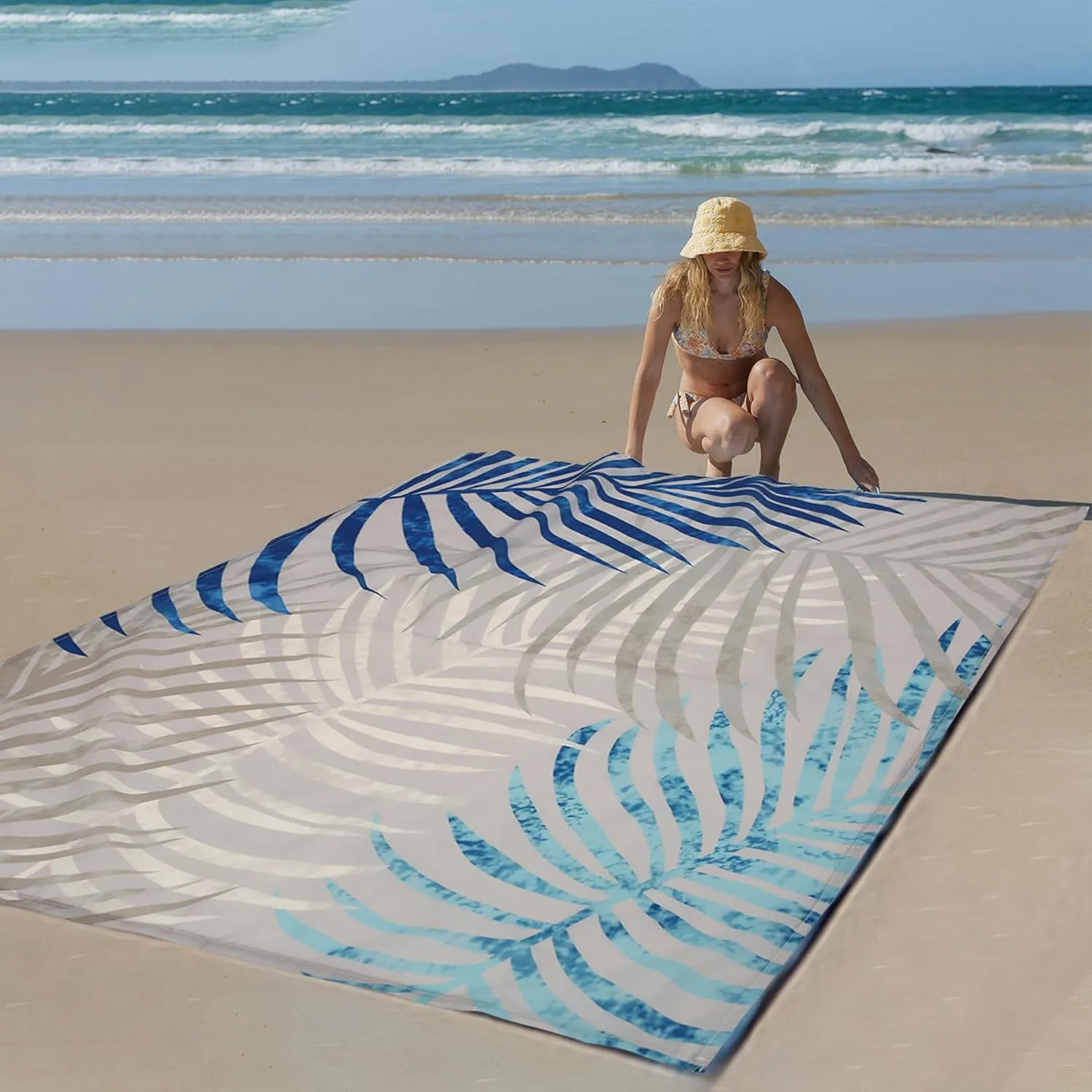 Extra Large Tropical Beach Blanket Waterproof Sandproof, Palm Leaf Design Beach Mat for 4 Adults w/Stakes & Sand Pockets, Lightweight Outdoor Blanket for Camping, Hiking Vacation Essentials