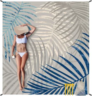 Extra Large Tropical Beach Blanket Waterproof Sandproof, Palm Leaf Design Beach Mat for 4 Adults w/Stakes & Sand Pockets, Lightweight Outdoor Blanket for Camping, Hiking Vacation Essentials