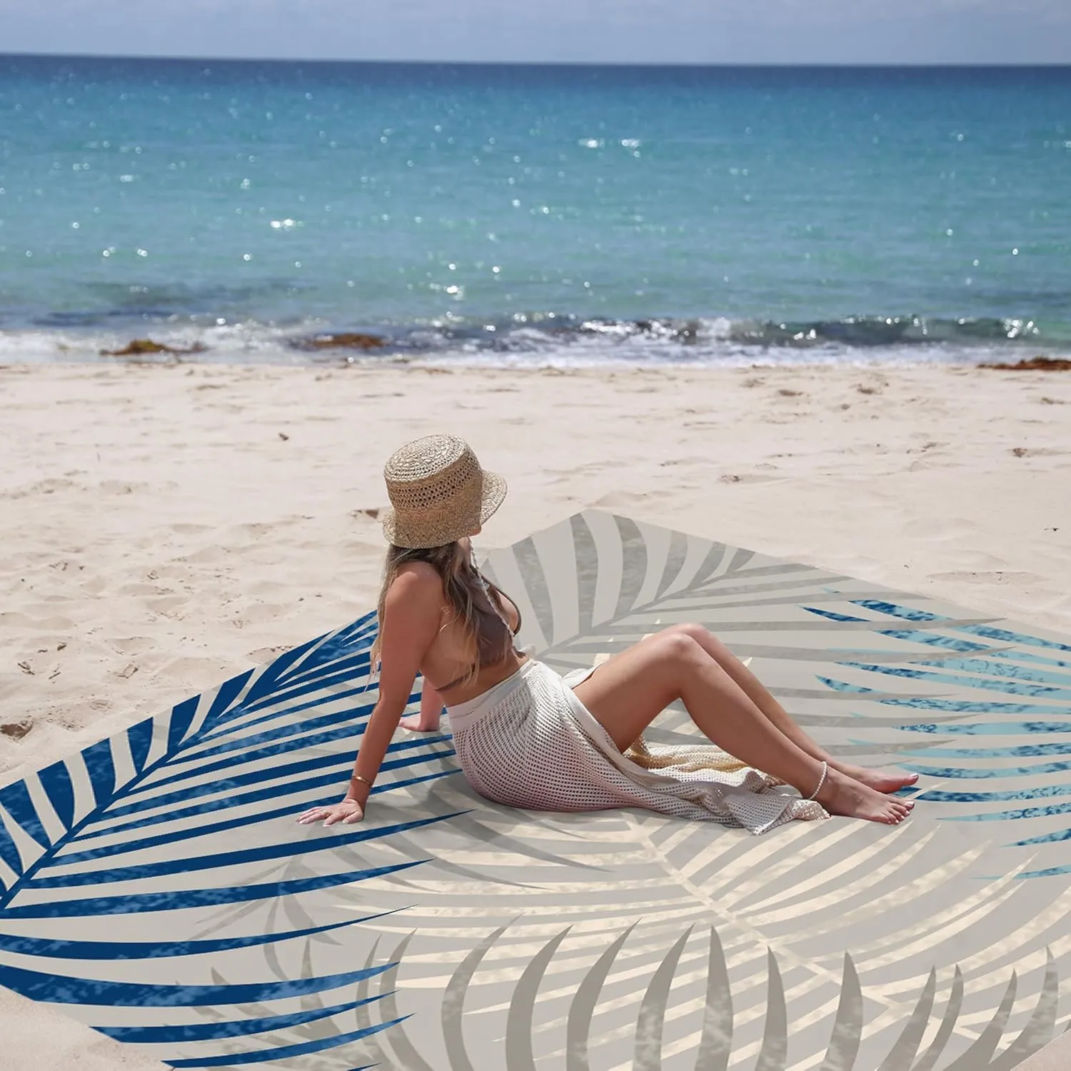 Extra Large Tropical Beach Blanket Waterproof Sandproof, Palm Leaf Design Beach Mat for 4 Adults w/Stakes & Sand Pockets, Lightweight Outdoor Blanket for Camping, Hiking Vacation Essentials