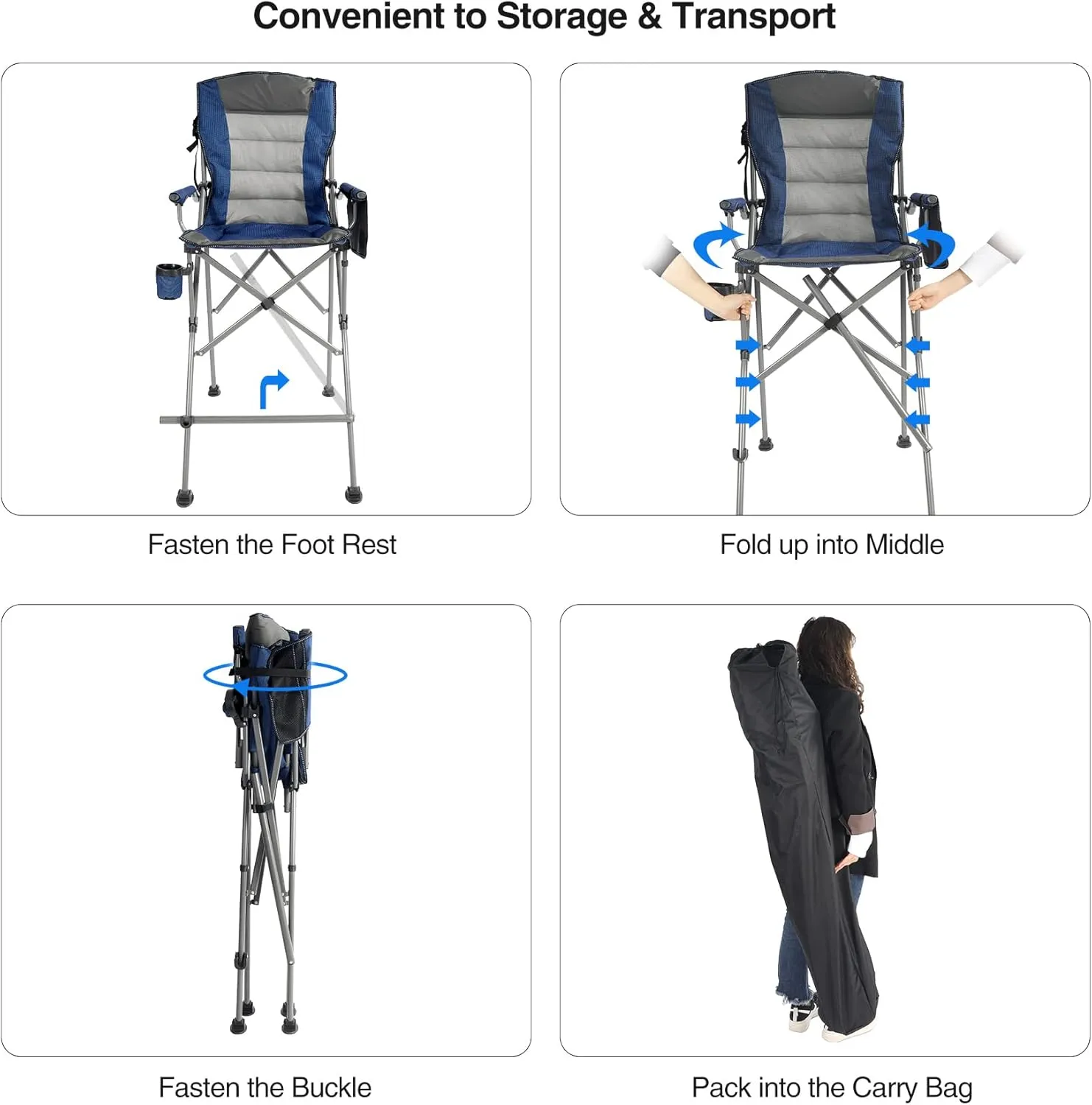 Extra Tall Folding Chairs for Adults 330lbs, Portable Bar Height Foldable Director Chairs for Camping Outside, Comfortable with High Back and Footrest, Blue