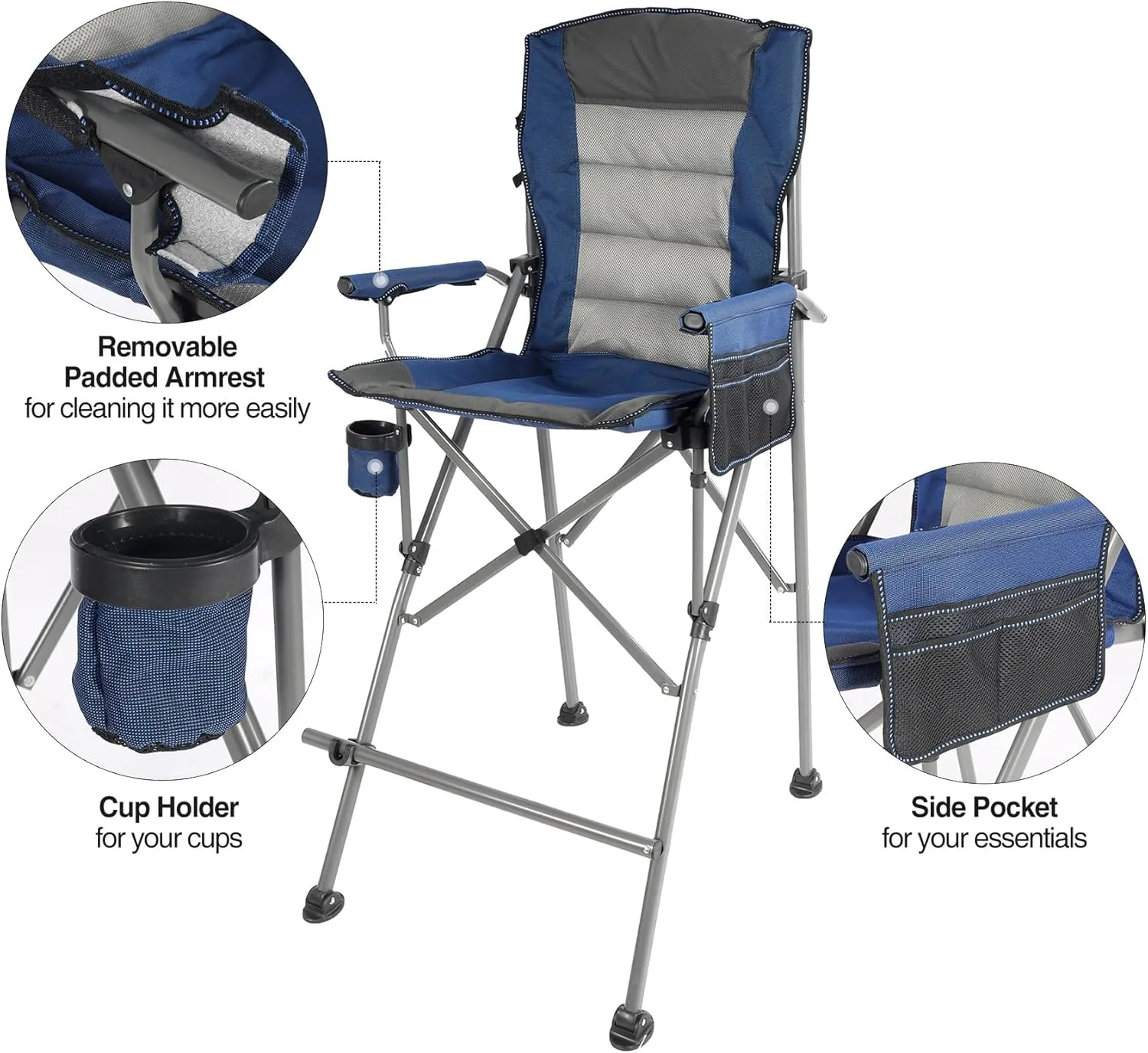 Extra Tall Folding Chairs for Adults 330lbs, Portable Bar Height Foldable Director Chairs for Camping Outside, Comfortable with High Back and Footrest, Blue