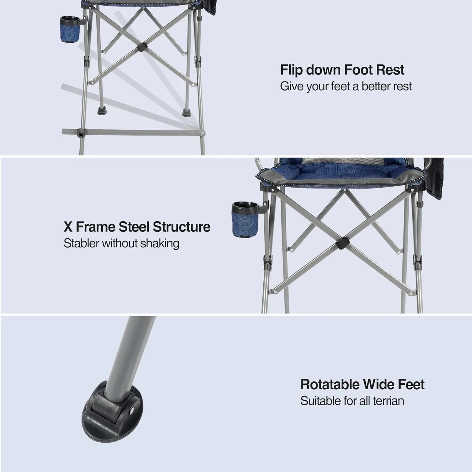 Extra Tall Folding Chairs for Adults 330lbs, Portable Bar Height Foldable Director Chairs for Camping Outside, Comfortable with High Back and Footrest, Blue