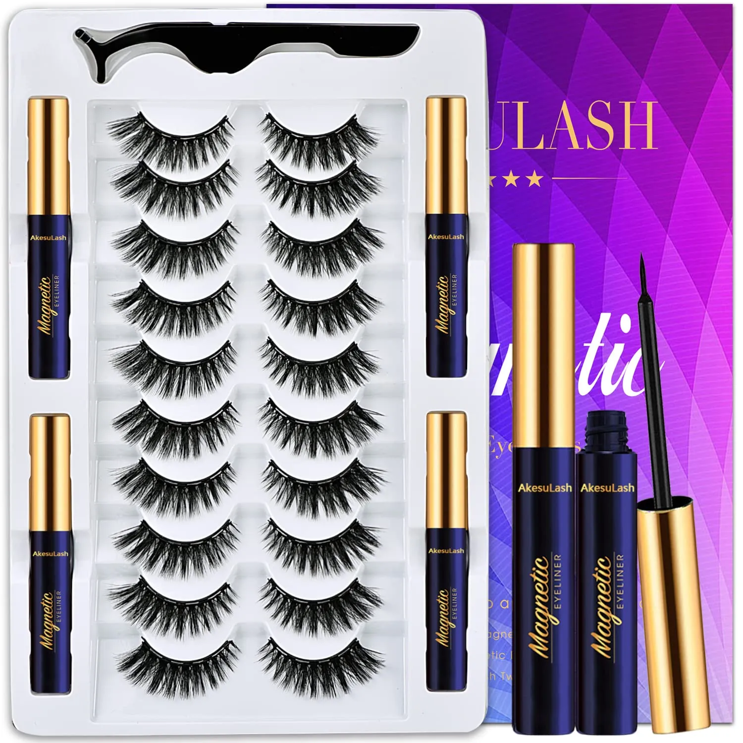 Eyelashes Magnetic Lashes with Eyeliner,10 Pairs Reusable Full Volume Cat Eye Magnetic Eyelash kit with Applicator - Upgraded Long Lasting,Natural Looking,- Easy Magnetized Eyelash