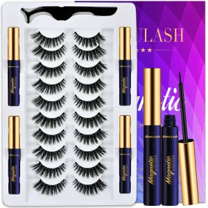 Eyelashes Magnetic Lashes with Eyeliner,10 Pairs Reusable Full Volume Cat Eye Magnetic Eyelash kit with Applicator - Upgraded Long Lasting,Natural Looking,- Easy Magnetized Eyelash