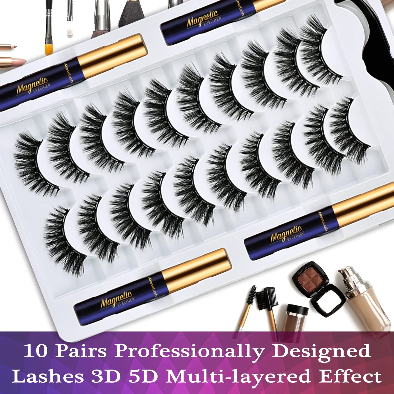 Eyelashes Magnetic Lashes with Eyeliner,10 Pairs Reusable Full Volume Cat Eye Magnetic Eyelash kit with Applicator - Upgraded Long Lasting,Natural Looking,- Easy Magnetized Eyelash