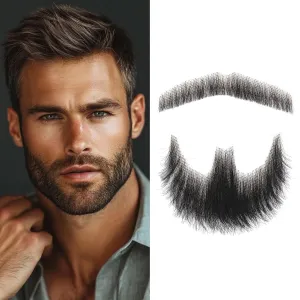 Fake Beard 100% Human Hair Full Hand Tide Lace Fake Mustache Black Color Realistic Beard Fake Goatee Costume Fake Facial Hair for Halloween,Cosplay or other Funny Party