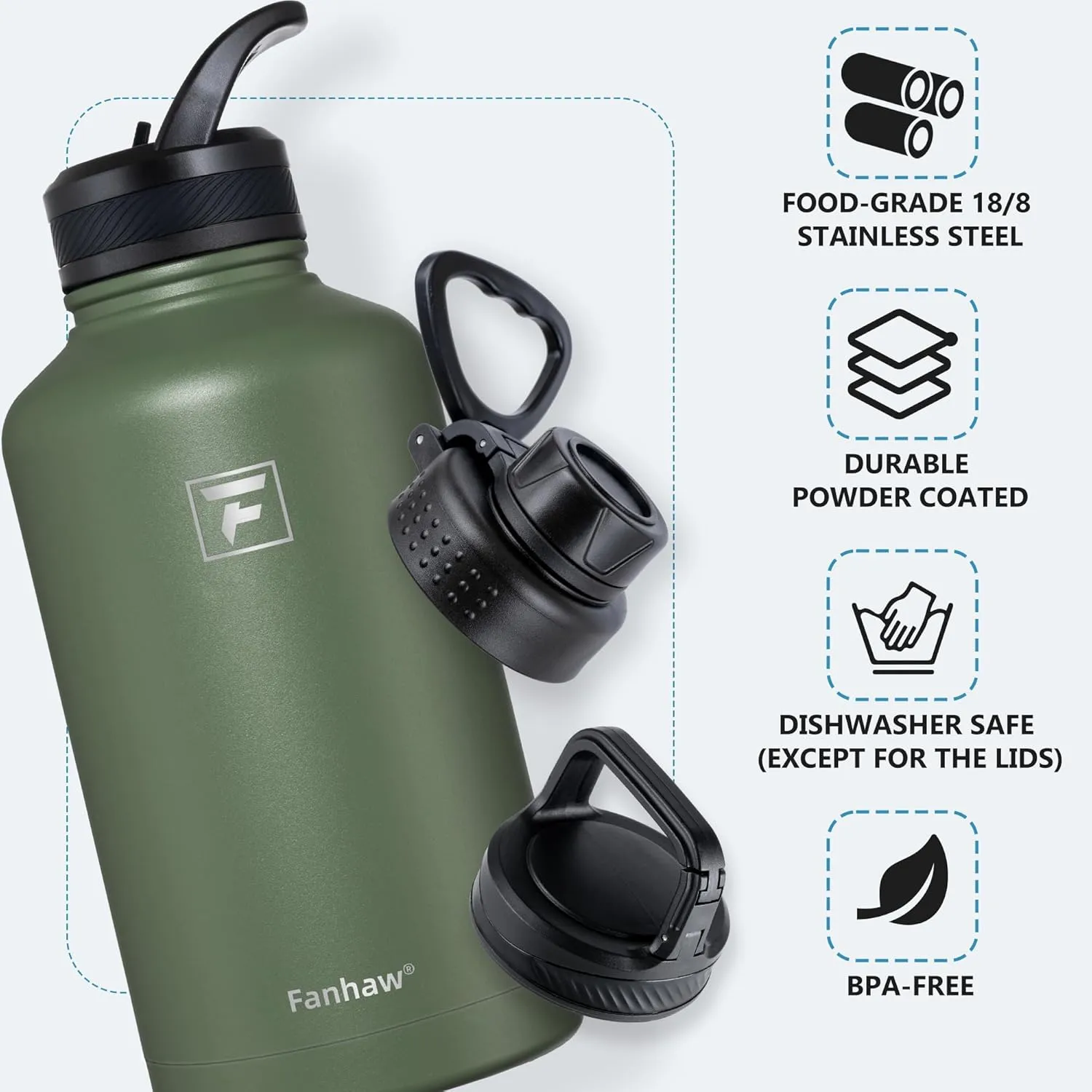 Fanhaw 64 oz Stainless Steel Insulated Water Bottle with 3 Lids (Straw, Spout and Carabiner Lid) - Half Gallon Sports Water Flask Jug (Olive Green)