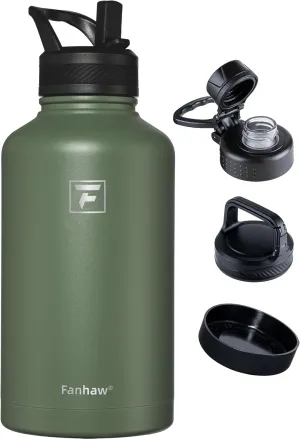 Fanhaw 64 oz Stainless Steel Insulated Water Bottle with 3 Lids (Straw, Spout and Carabiner Lid) - Half Gallon Sports Water Flask Jug (Olive Green)