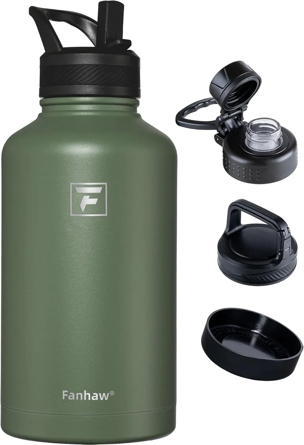 Fanhaw 64 oz Stainless Steel Insulated Water Bottle with 3 Lids (Straw, Spout and Carabiner Lid) - Half Gallon Sports Water Flask Jug (Olive Green)