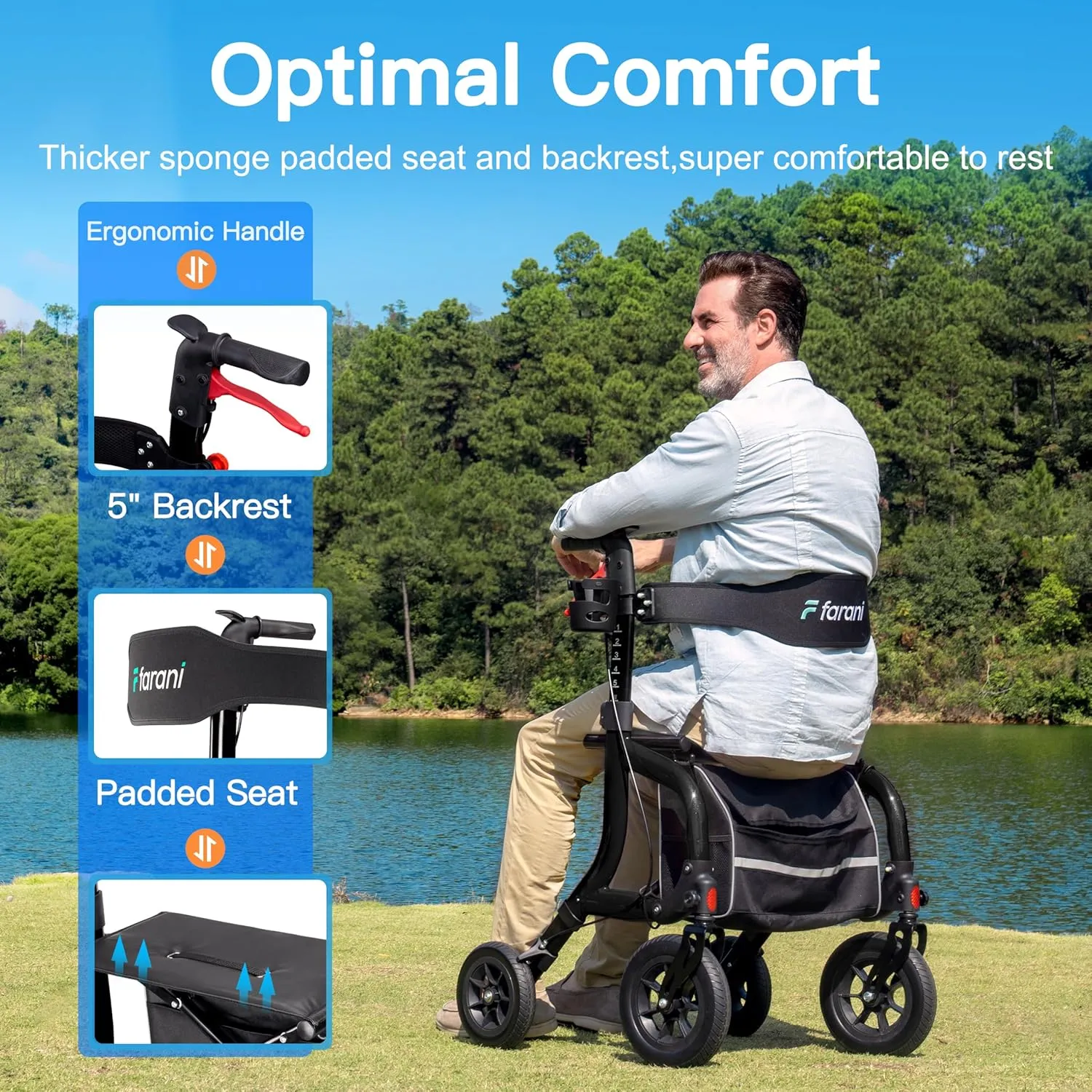 Farani Rollator Walker with Seat, Outdoor Rolling Walkers for Seniors - 10" Large All Terrain Rubber Wheels, Padded Seat and Backrest, Ergonomic Handles, Comfort on Grass