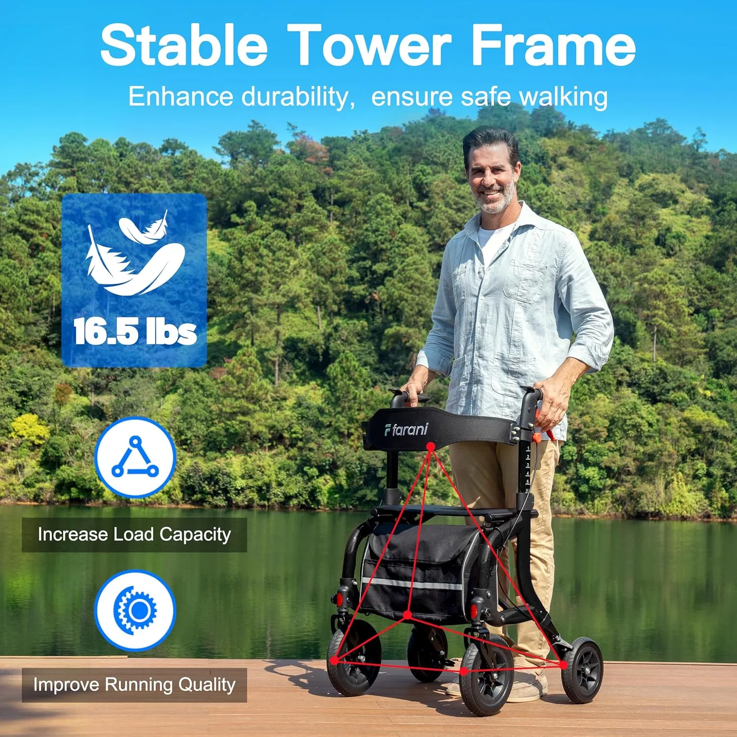 Farani Rollator Walker with Seat, Outdoor Rolling Walkers for Seniors - 10" Large All Terrain Rubber Wheels, Padded Seat and Backrest, Ergonomic Handles, Comfort on Grass