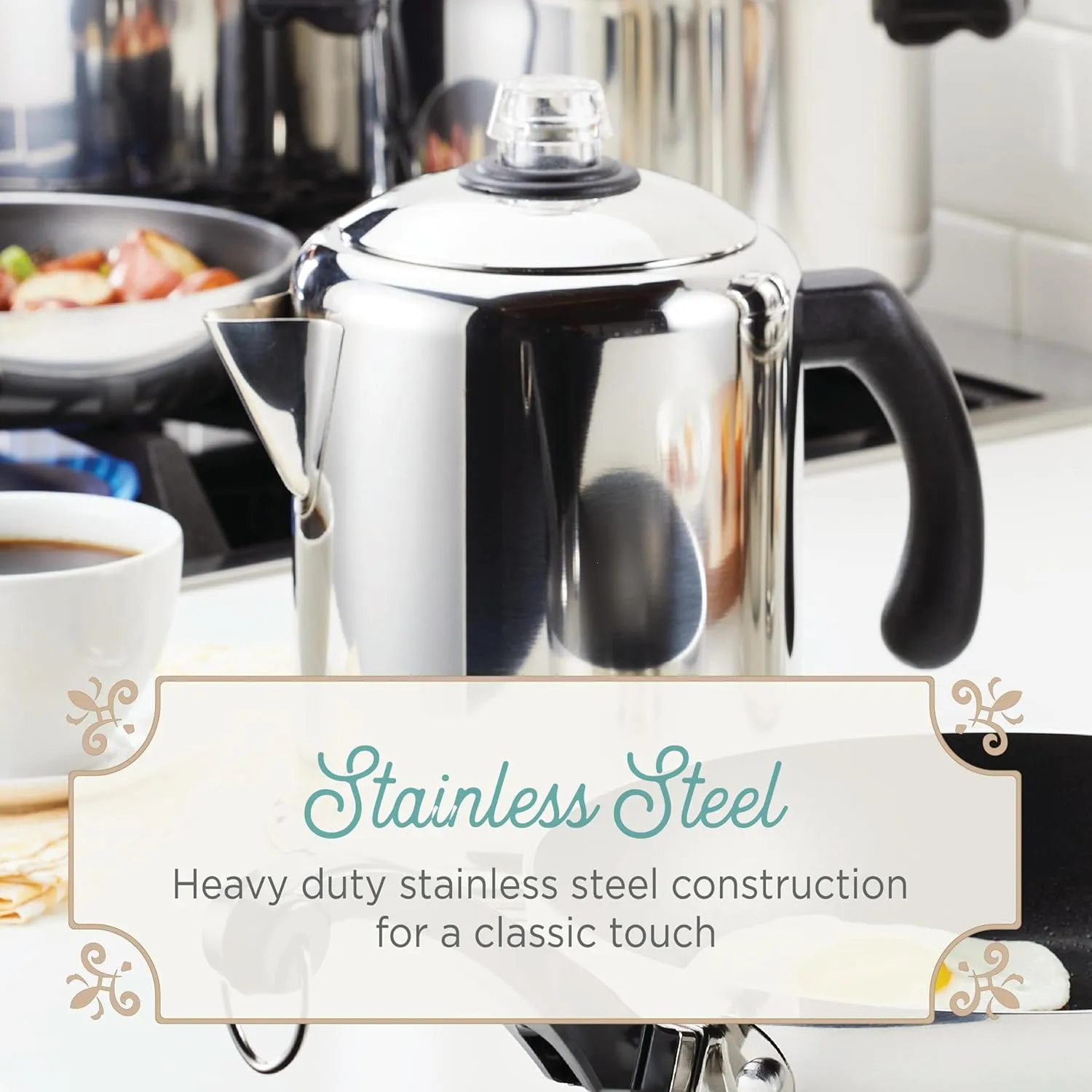 Farberware 47053 Classic Stainless Steel Yosemite 12-Cup Coffee Percolator, 12 Cup Coffee Maker, Silver