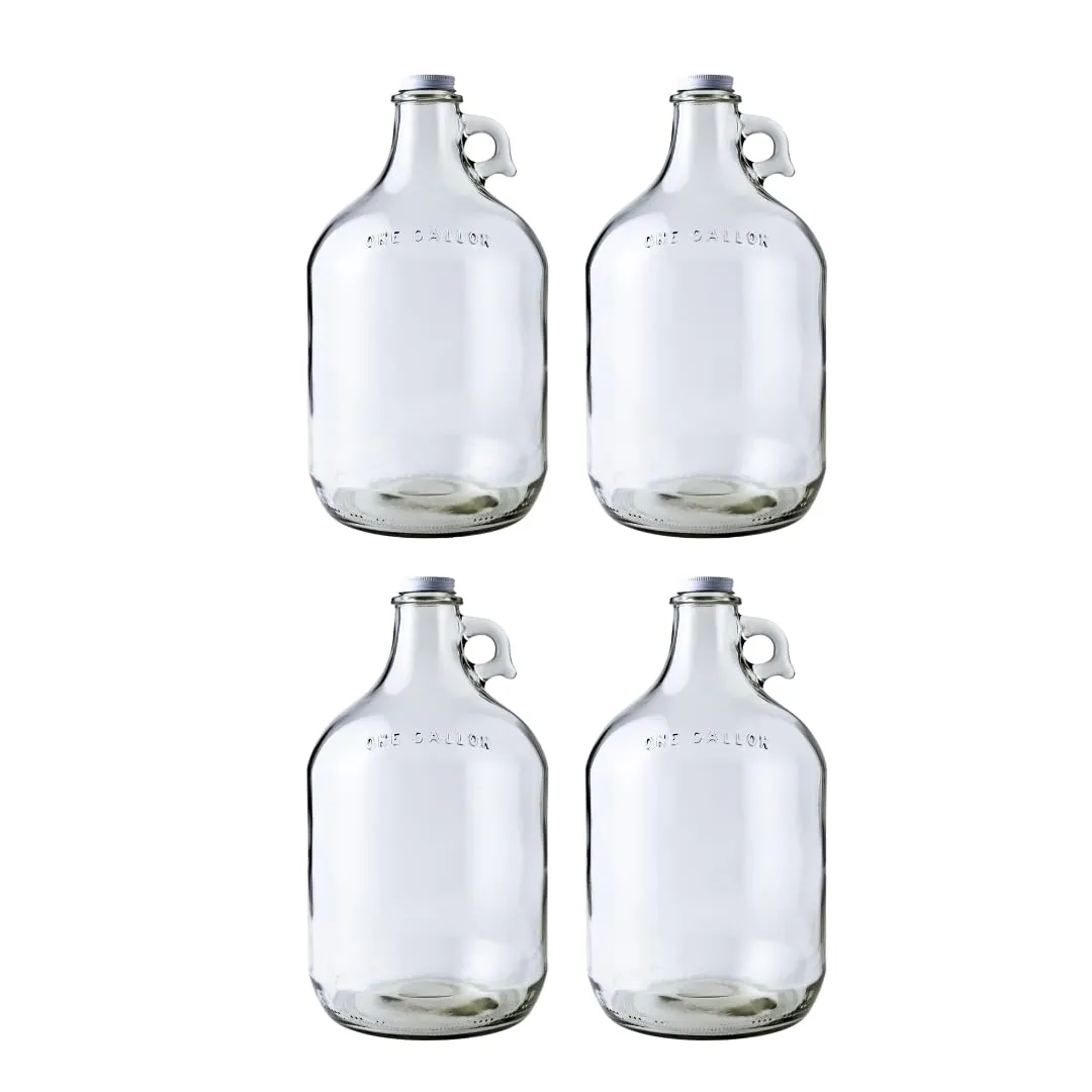 FastRack 1 Gallon Glass Jug w/ white Metal Caps, Clear, Pack of 4 | Food Grade – BPA Free, Glass for Fermentation & Storage | 128 oz Large Jug for Home Brewing, Kombucha, Wine & Beer