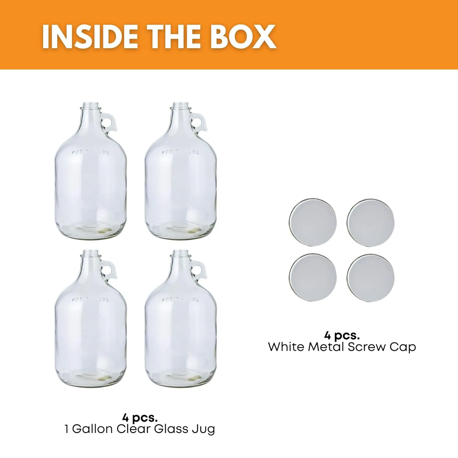 FastRack 1 Gallon Glass Jug w/ white Metal Caps, Clear, Pack of 4 | Food Grade – BPA Free, Glass for Fermentation & Storage | 128 oz Large Jug for Home Brewing, Kombucha, Wine & Beer