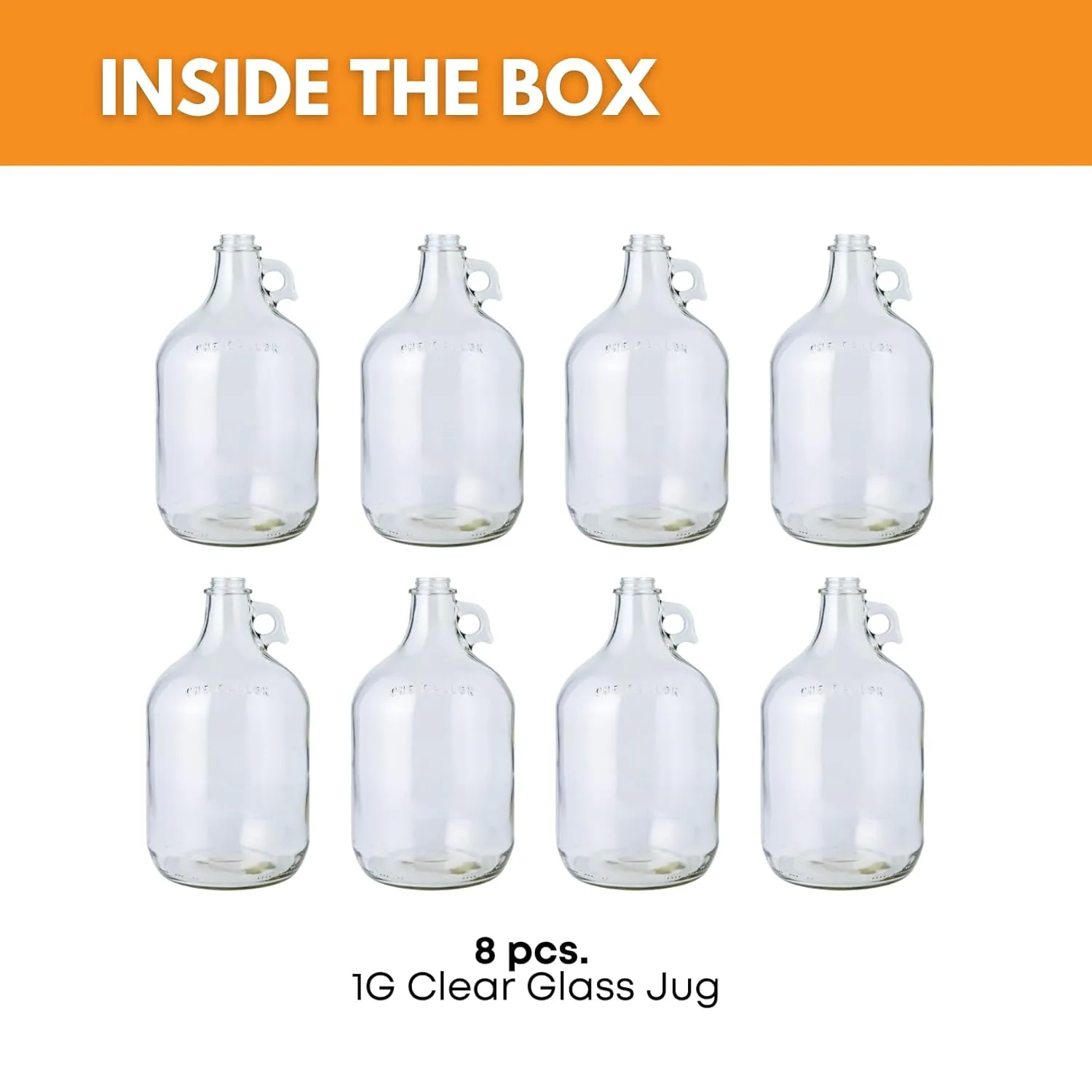 FastRack 1 Gallon Glass Jug WITHOUT CAPS, Clear, Pack of 8 | Food Grade – BPA Free Glass for Fermentation, Storage and Brewing | 128 oz Large Jug for Home Brewing, Kombucha, Wine & Beer