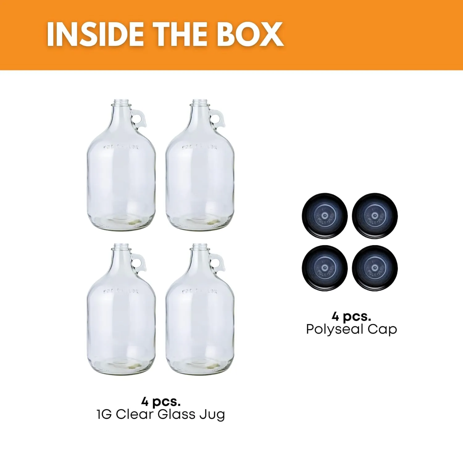 FastRack Clear 1 Gallon Glass Jug w/ Polyseal Caps | Pack of 4 | Food Grade – BPA Free Glass for Fermentation, Storage & Brewing | 128oz Large Jug for Home Brewing, Kombucha, Wine & Beer