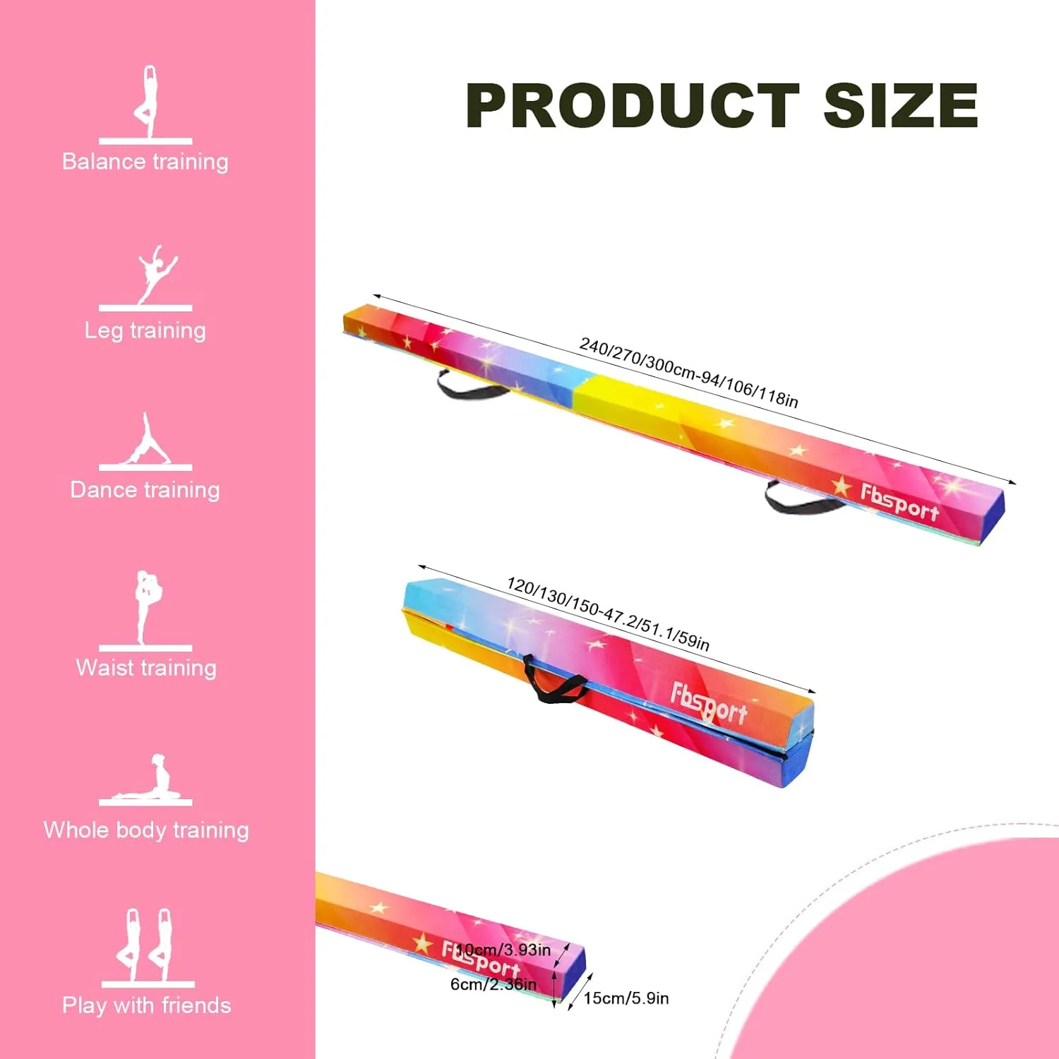 FBSPORT 8ft/9ft/9.5/10ft Balance Beam: Folding Floor Gymnastics Equipment for Kids Adults,Non Slip Rubber Base, Gymnastics Beam for Training, Physical Therapy and Professional Home Training
