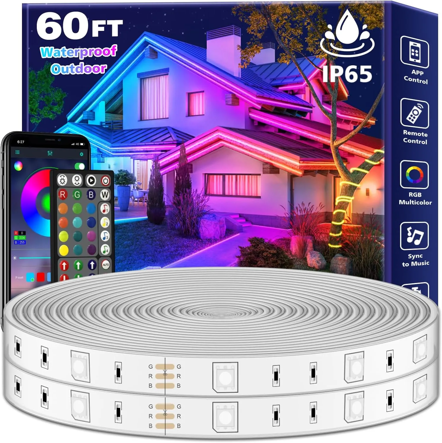FBZ 60Ft Outdoor Waterproof LED Strip Lights,Music Sync RGB IP65 Led Lights with App Control and Remote,Color Changing Waterproof Led Rope Lights for Outdoor,Balcony,Roof,Garden,Stairs Party