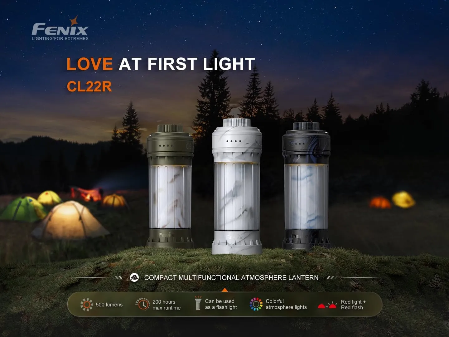 Fenix CL22R 500 Lumen Compact Lantern, USB-C Rechargeable and Multifunctional with Red Light and Colorful Ambient Lights for Camping, Hiking, Fishing (Polar Night Black)