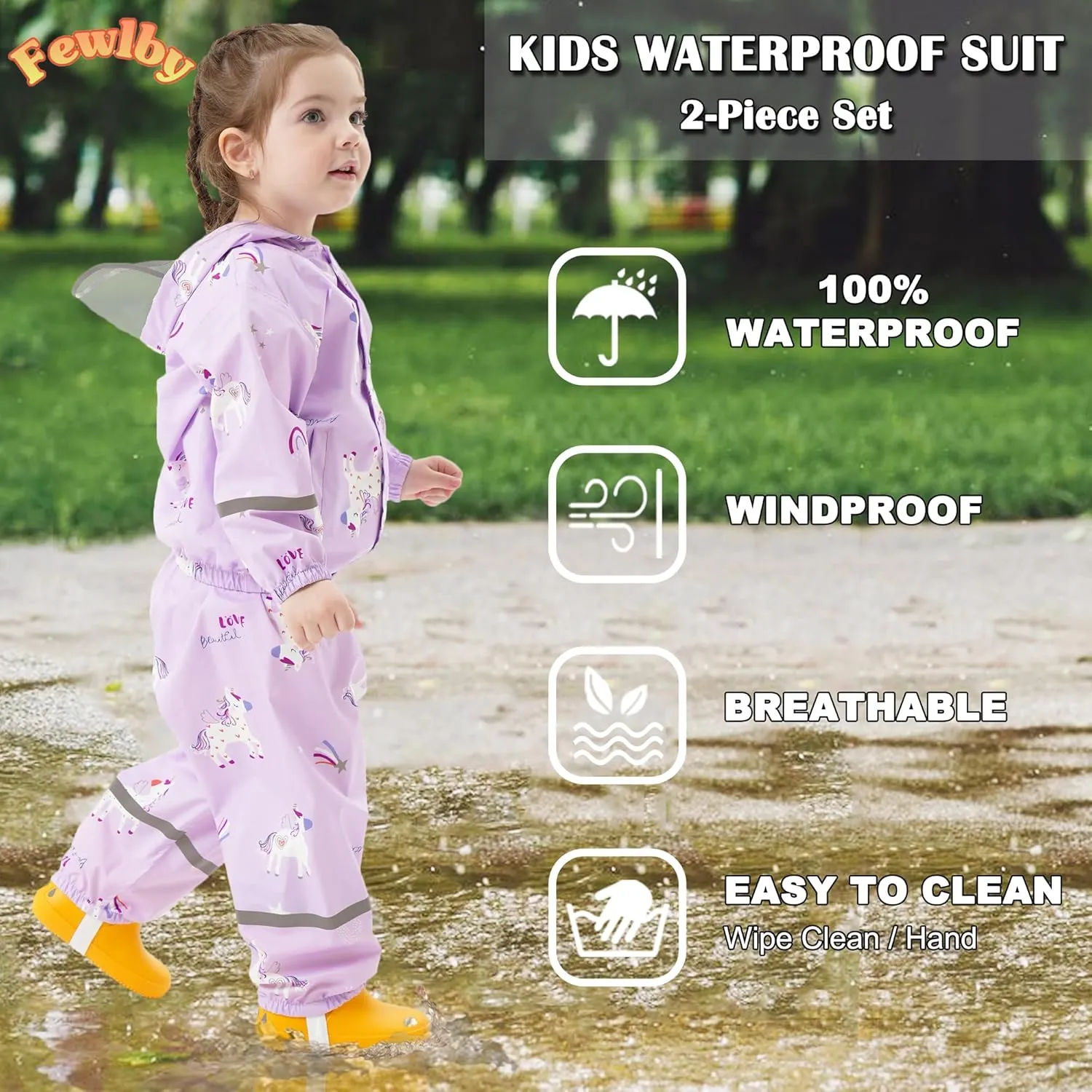 Fewlby Kids Rainsuit Girls Cartoon Raincoat Set, Toddler Waterproof Rain Jacket and Pants Child Rainset Rainwear