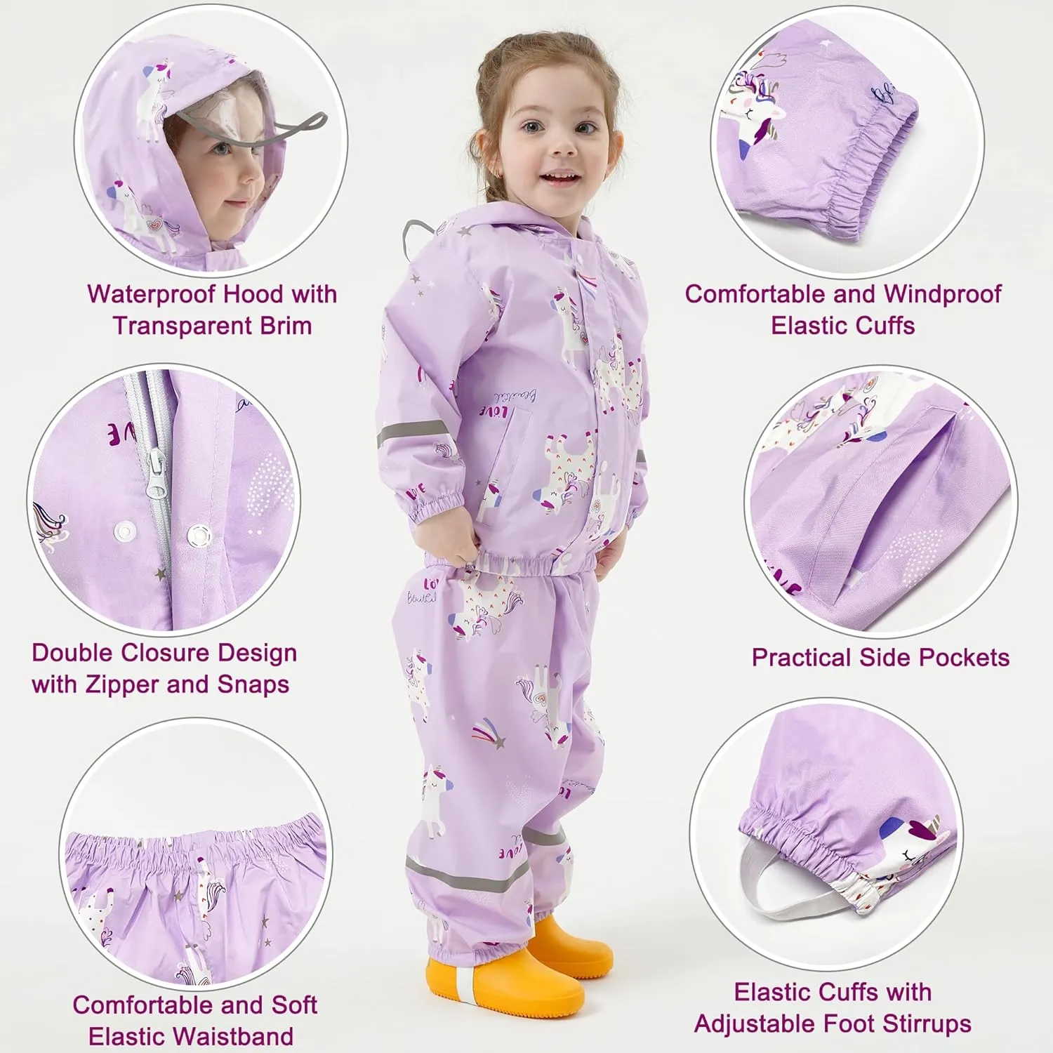 Fewlby Kids Rainsuit Girls Cartoon Raincoat Set, Toddler Waterproof Rain Jacket and Pants Child Rainset Rainwear