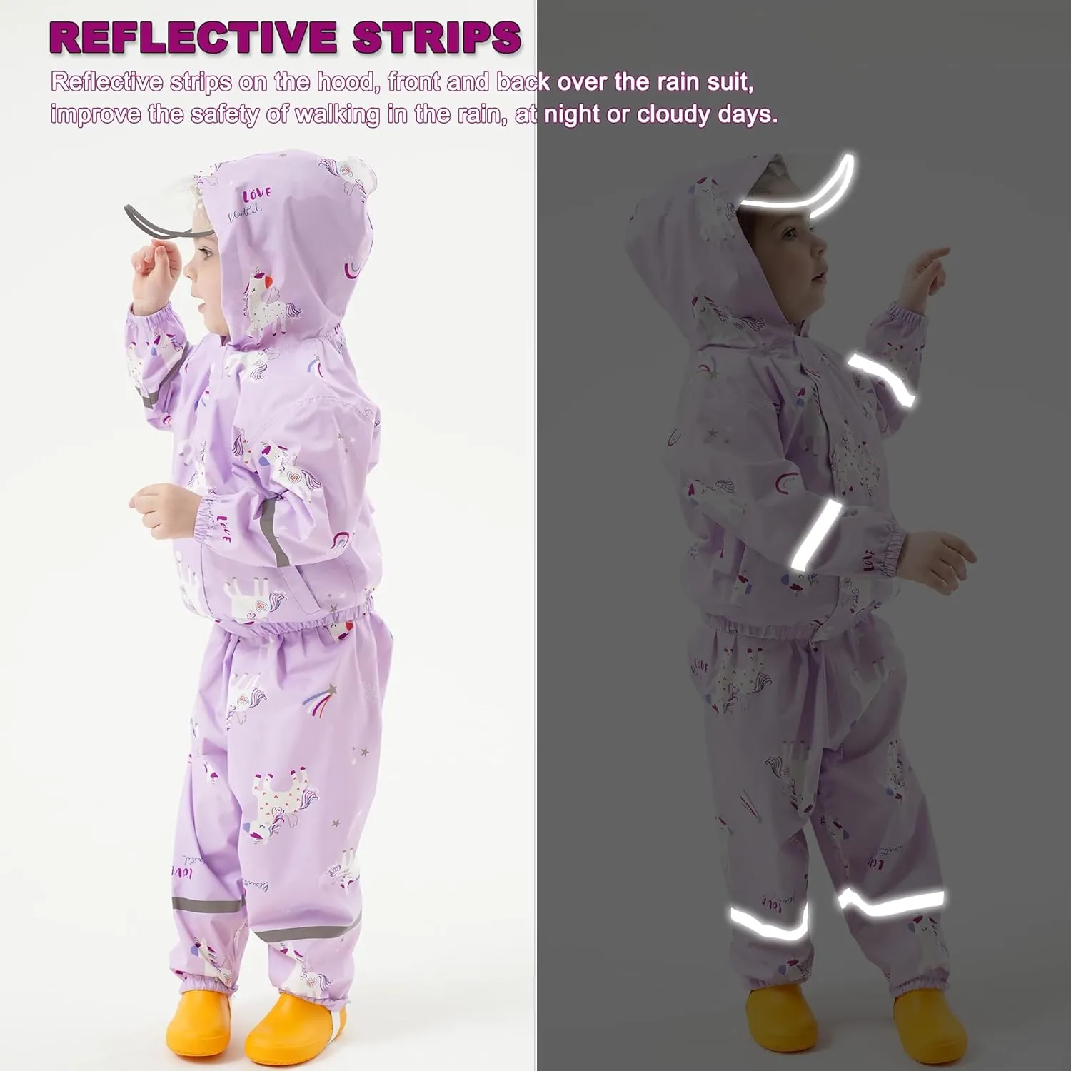 Fewlby Kids Rainsuit Girls Cartoon Raincoat Set, Toddler Waterproof Rain Jacket and Pants Child Rainset Rainwear
