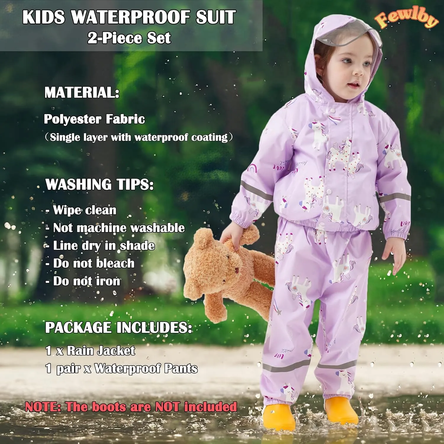 Fewlby Kids Rainsuit Girls Cartoon Raincoat Set, Toddler Waterproof Rain Jacket and Pants Child Rainset Rainwear