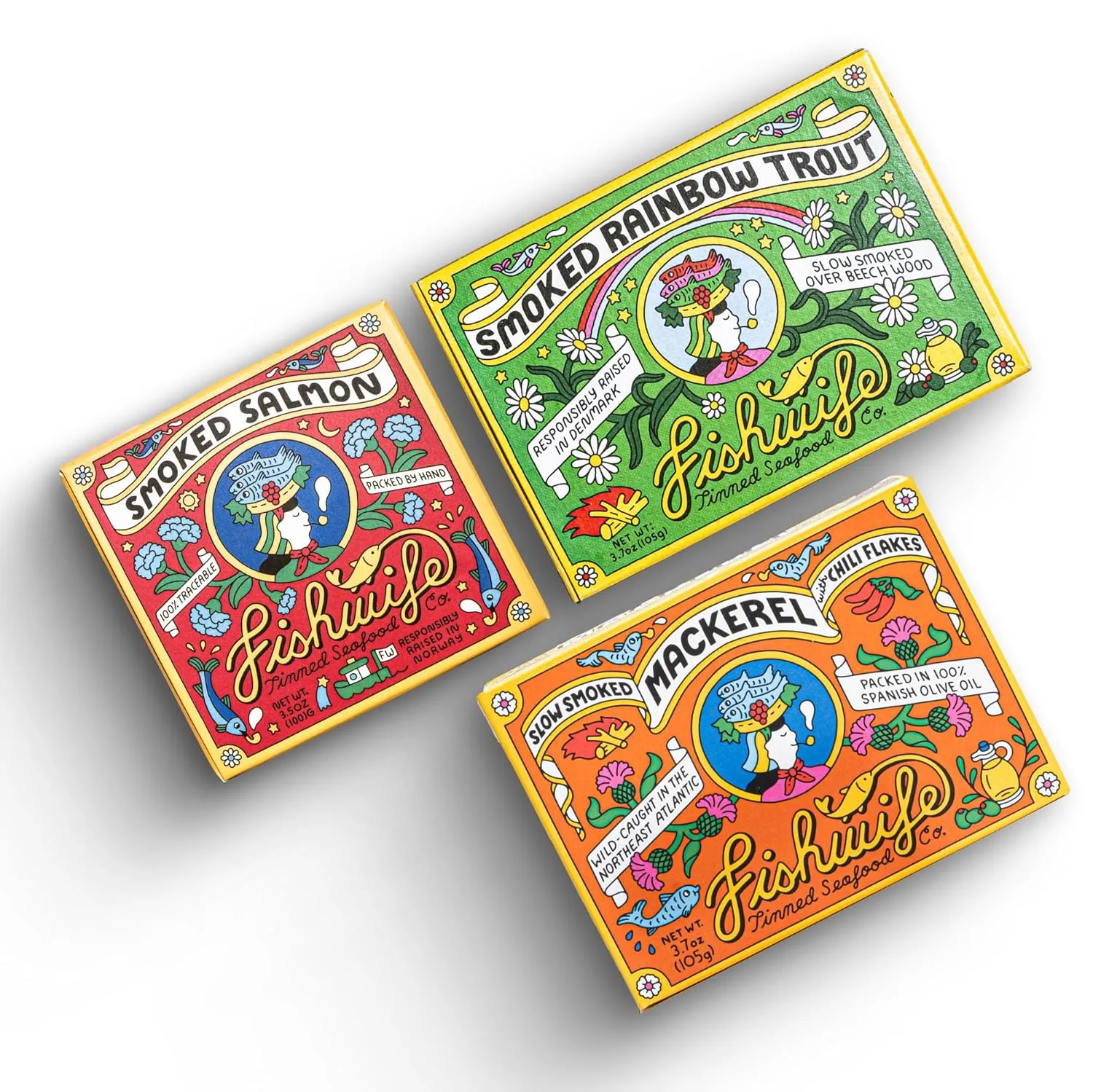 Fishwife Smoky Trio 3-Pack (Smoked Rainbow Trout, Smoked Atlantic Salmon, Smoked Mackerel) | MSC-Certified Sustainable Seafood, High Protein, Gluten Free | Handpacked in BPA-Free Tins