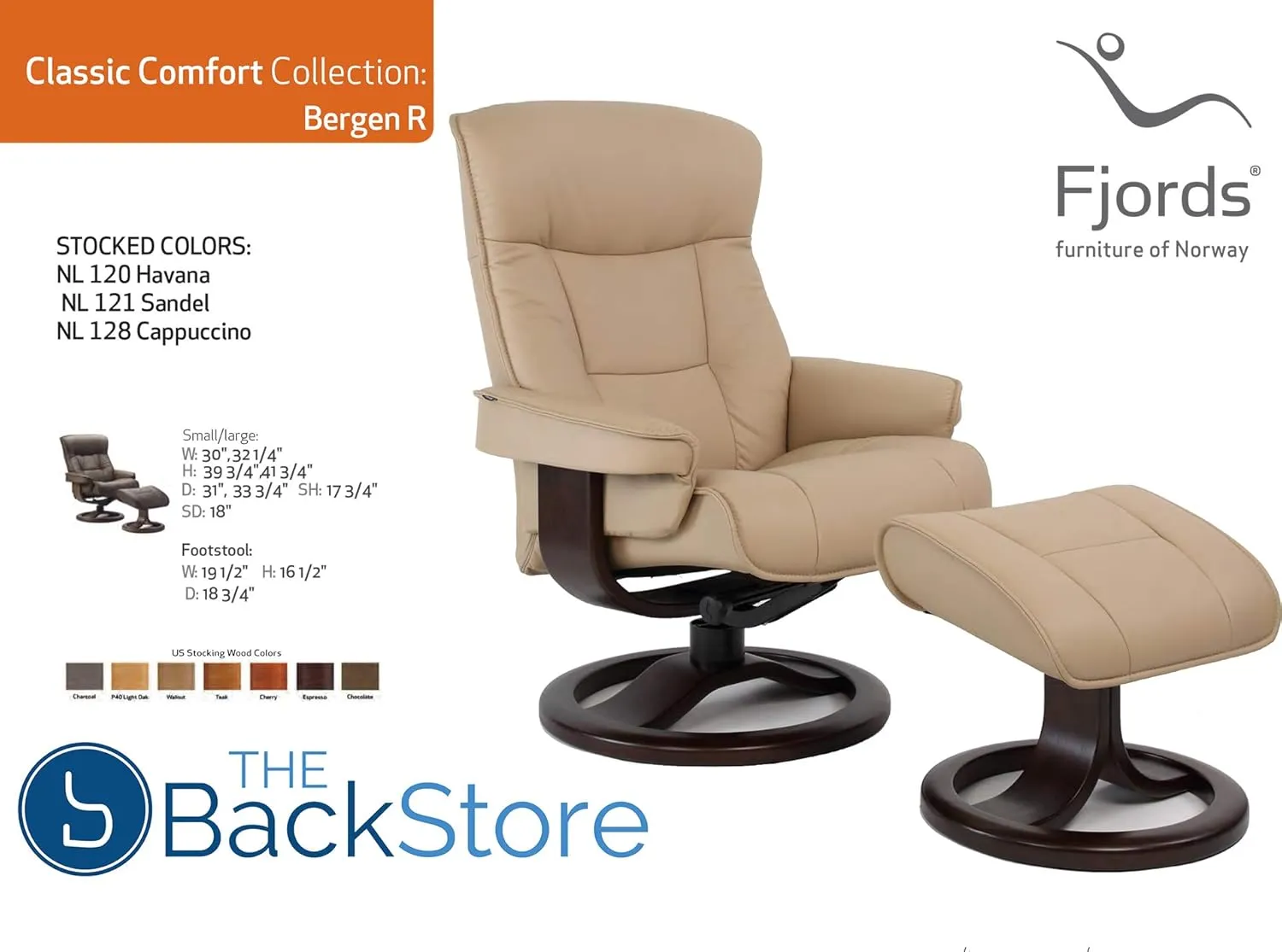 Fjords 775 Bergen Large Recliner and Ottoman Norwegian Ergonomic Scandinavian Lounge Reclining Chair Furniture Nordic Line Genuine Cappuccino Leather Cherry Wood