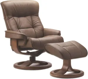 Fjords 775 Bergen Large Recliner and Ottoman Norwegian Ergonomic Scandinavian Lounge Reclining Chair Furniture Nordic Line Genuine Cappuccino Leather Cherry Wood