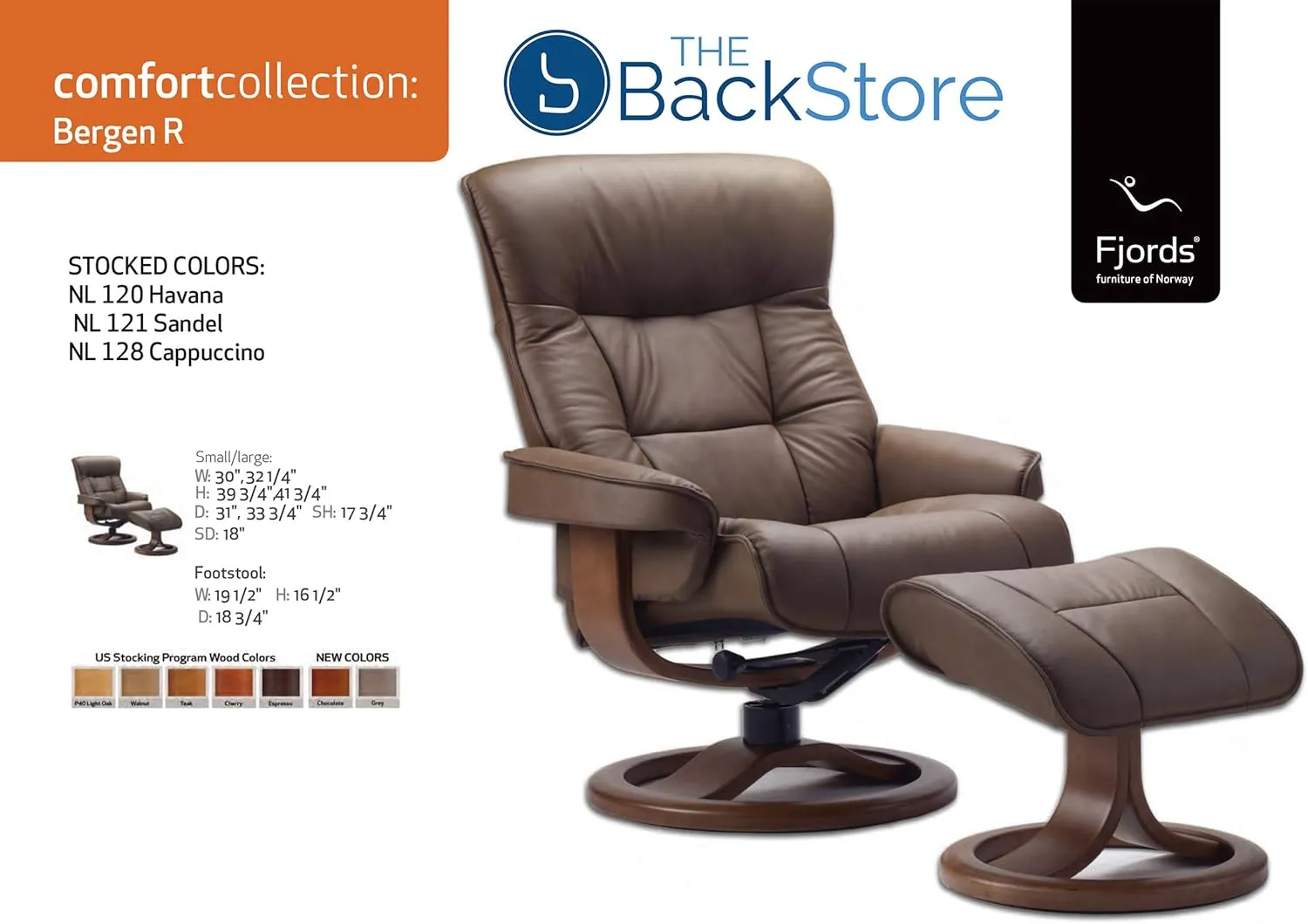Fjords 775 Bergen Large Recliner and Ottoman Norwegian Ergonomic Scandinavian Lounge Reclining Chair Furniture Nordic Line Genuine Cappuccino Leather Cherry Wood