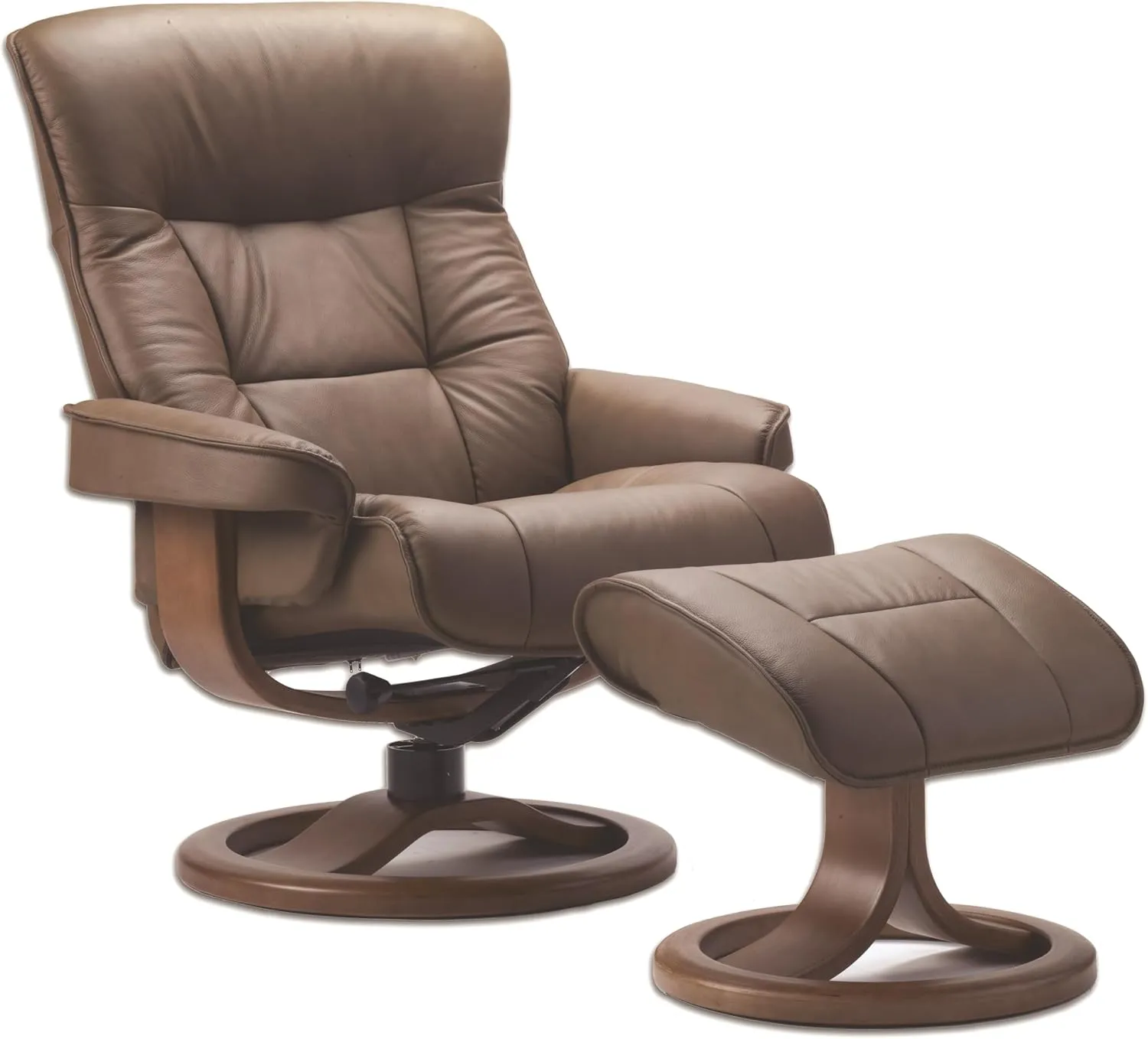 Fjords 775 Bergen Large Recliner and Ottoman Norwegian Ergonomic Scandinavian Lounge Reclining Chair Furniture Nordic Line Genuine Cappuccino Leather Cherry Wood