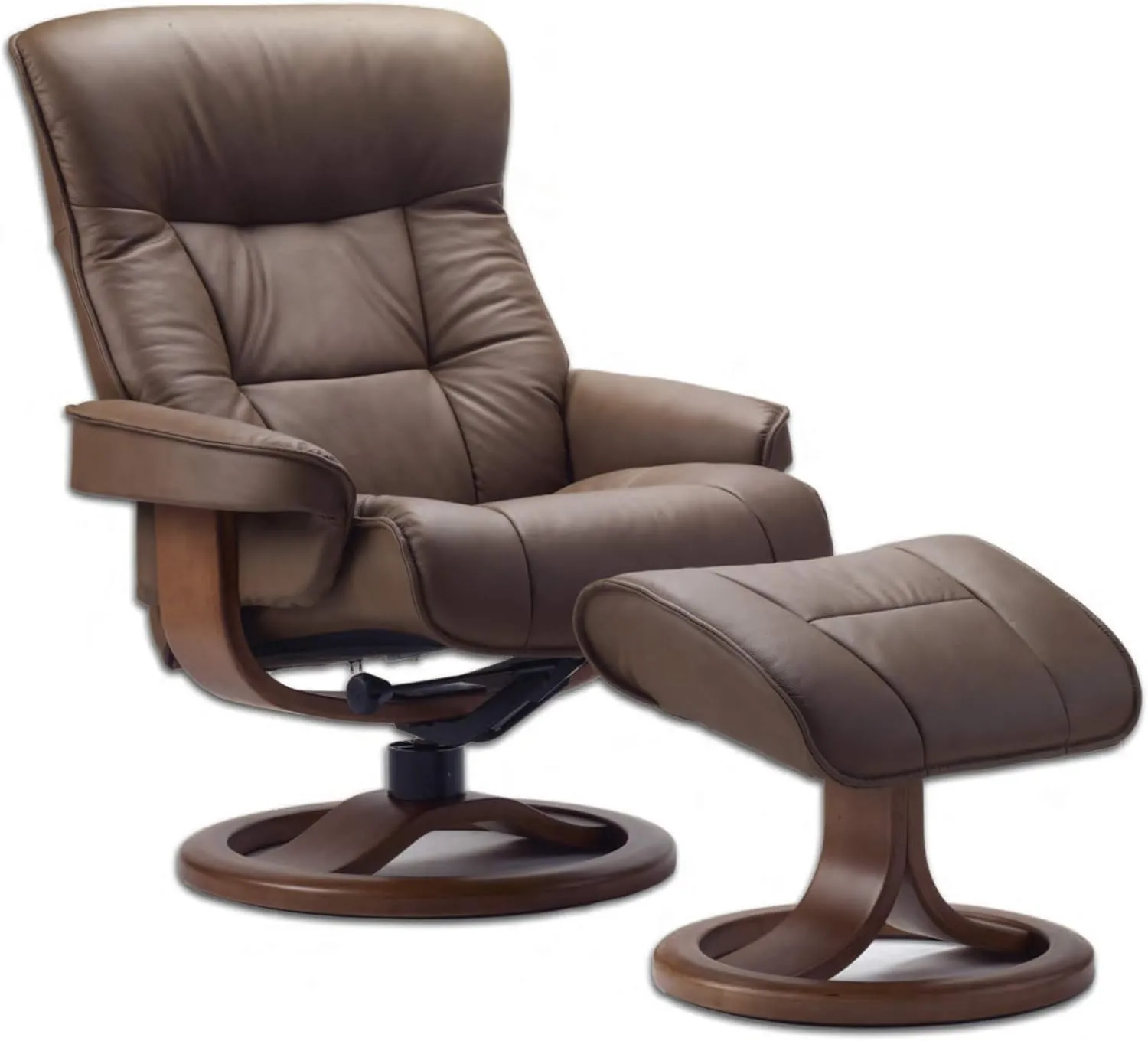 Fjords 775 Bergen Large Recliner and Ottoman Norwegian Ergonomic Scandinavian Lounge Reclining Chair Furniture Nordic Line Genuine Cappuccino Leather Cherry Wood