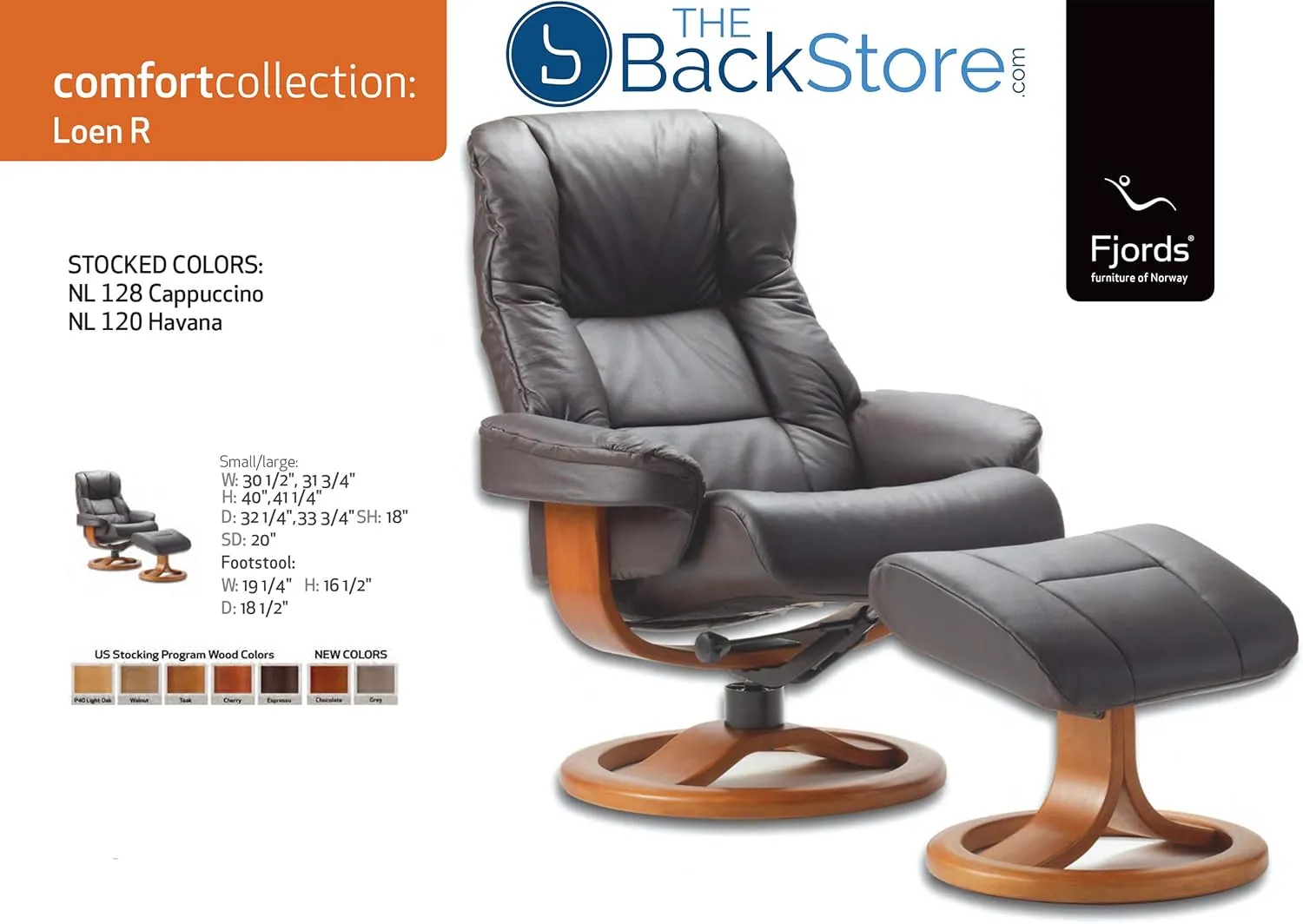 Fjords 855 Loen Small Leather Recliner Norwegian Ergonomic Scandinavian Lounge Reclining Chair Furniture Nordic Line Genuine Cappuccino Leather Cherry Wood