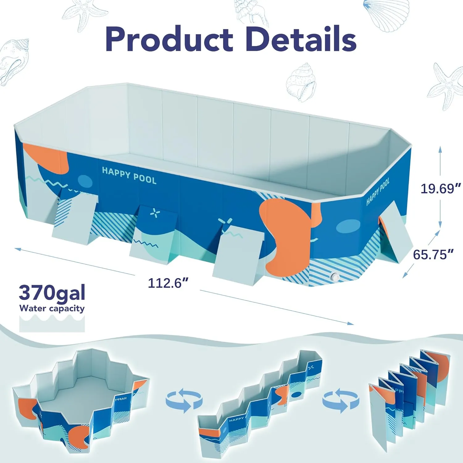 Flamaker Above Ground Pool Foldable Non-Inflatable Pool with 3 drains Outdoor Swimming Pool with Hard Plastic Shell Portable Pool for Backyard Garden(Light Blue, 112.6" x 65.75" x 19.69")