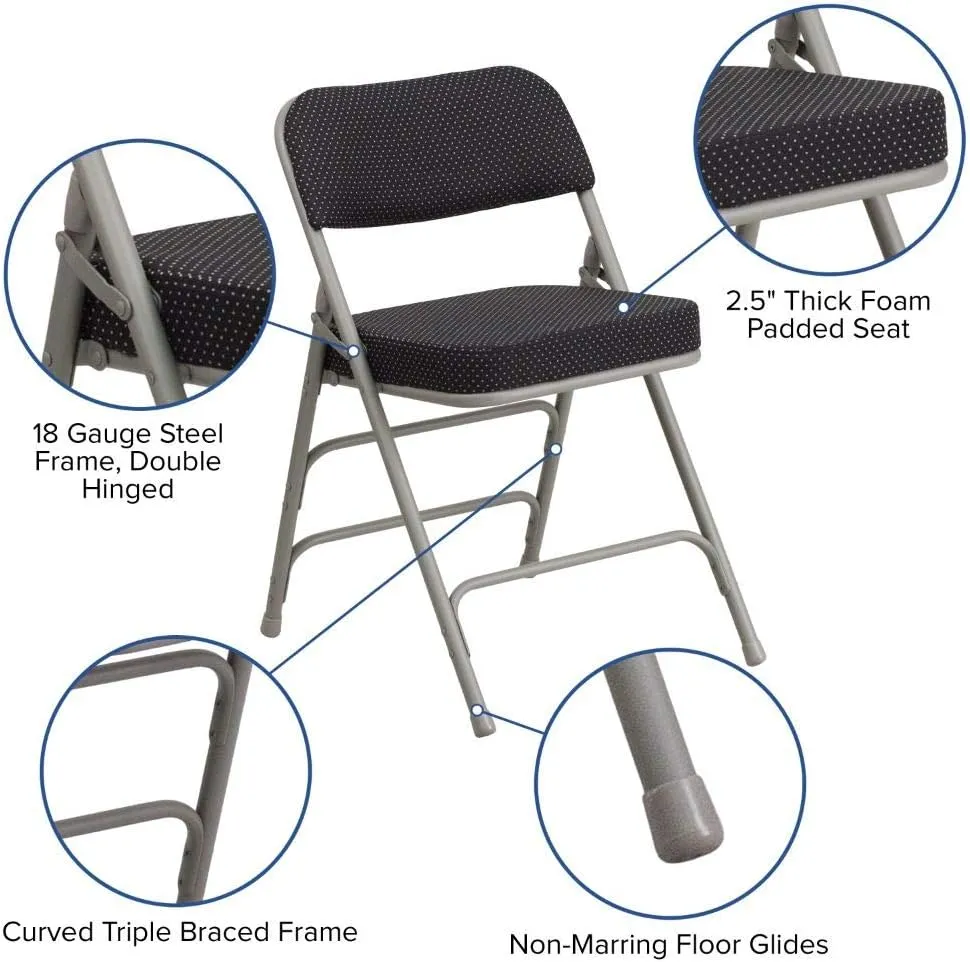 Flash Furniture 2 Pack HERCULES Series Premium Curved Triple Braced & Double Hinged Black Pin-Dot Fabric Metal Folding Chair