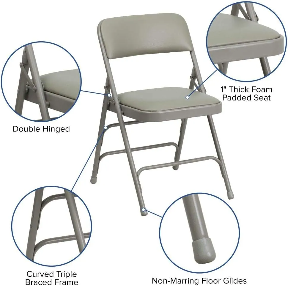 Flash Furniture 4 Pack HERCULES Series Curved Triple Braced & Double Hinged Gray Vinyl Metal Folding Chair