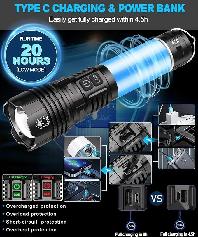 Flashlights High Lumens Rechargeable-100,000LM Super Bright Tactical LED Flashlight,Powerful USB C Flash Light with 360°COB light, Long Beam 3280Ft,7 Modes,Waterproof Handheld Flashlight for Emergency