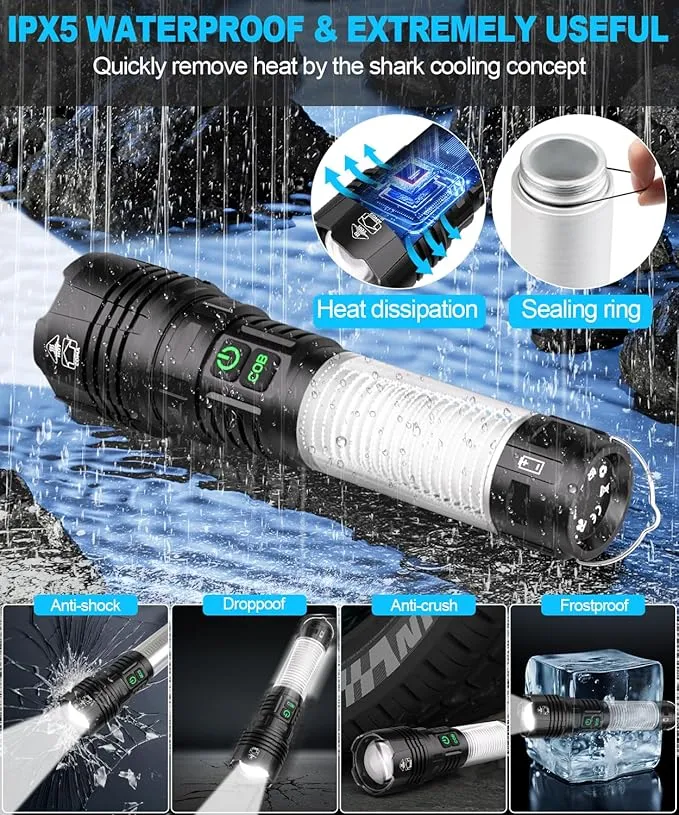 Flashlights High Lumens Rechargeable-100,000LM Super Bright Tactical LED Flashlight,Powerful USB C Flash Light with 360°COB light, Long Beam 3280Ft,7 Modes,Waterproof Handheld Flashlight for Emergency