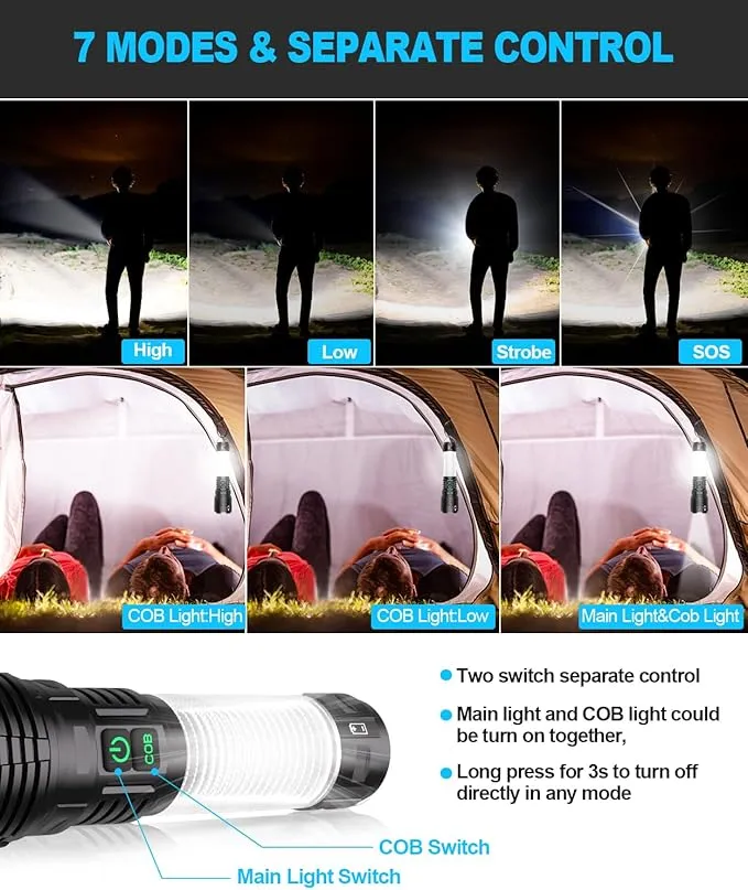 Flashlights High Lumens Rechargeable-100,000LM Super Bright Tactical LED Flashlight,Powerful USB C Flash Light with 360°COB light, Long Beam 3280Ft,7 Modes,Waterproof Handheld Flashlight for Emergency