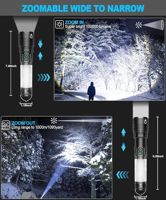 Flashlights High Lumens Rechargeable-100,000LM Super Bright Tactical LED Flashlight,Powerful USB C Flash Light with 360°COB light, Long Beam 3280Ft,7 Modes,Waterproof Handheld Flashlight for Emergency